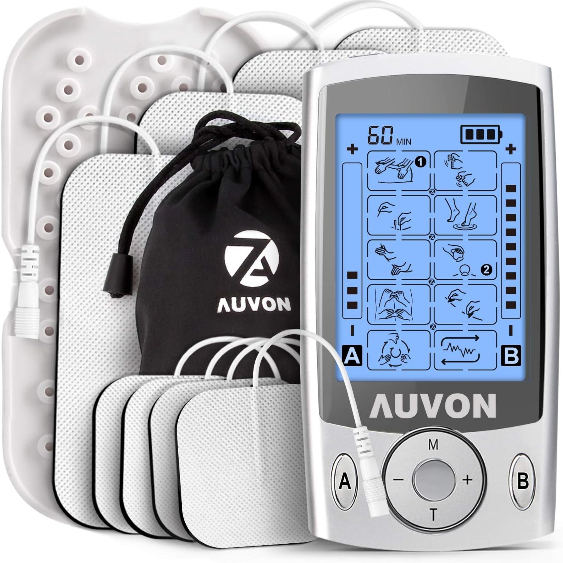 AUVON Dual Channel TENS Unit Muscle Stimulator Machine with 20 Modes, 2″ and 2″x4″ TENS Unit Electrode Pads AUVON Dual Channel TENS Unit Muscle Stimulator Machine with 20 Modes, 2″ and 2″x4″ TENS Unit Electrode Pads