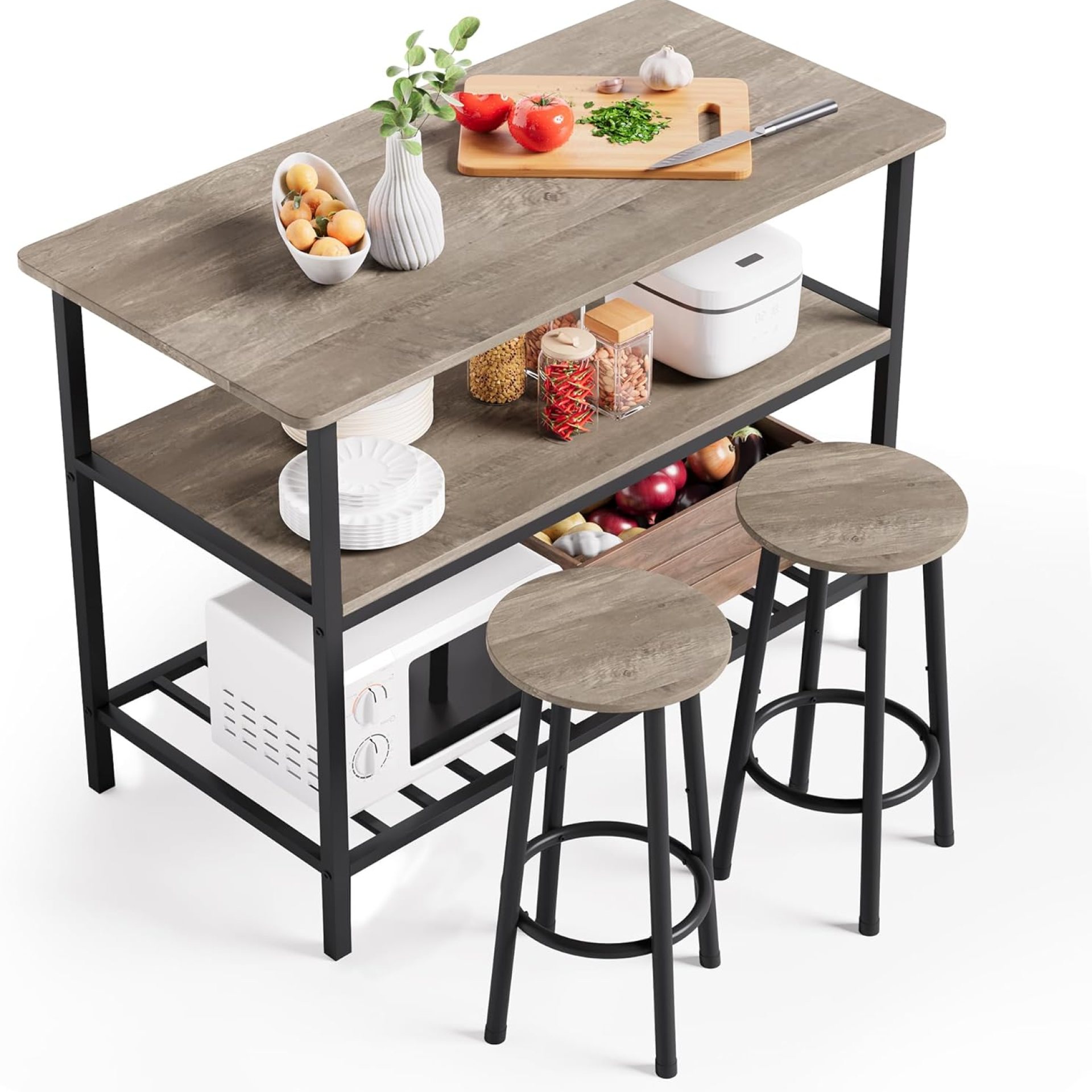 AWQM Island Table with Seating and Storage, Stationary Kitchen Storage Islands with 3 Shelves, Wooden Counter Height Table Top with 2-Piece Chairs, Bar Table Set for Small Space,Grey AWQM Island Table with Seating and Storage, Stationary Kitchen Storage Islands with 3 Shelves, Wooden Counter Height Table Top with 2-Piece Chairs, Bar Table Set for Small Space,Grey