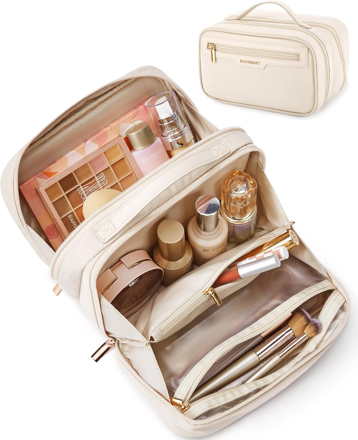 BAGSMART Travel Makeup Bag, Portable Make Up Bag, Wide-open Makeup Organizer Cosmetic Bags for Women for Travel Essentials Travel-Size Toiletries Accessories Bottles, Brushes (Beige) BAGSMART Travel Makeup Bag, Portable Make Up Bag, Wide-open Makeup Organizer Cosmetic Bags for Women for Travel Essentials Travel-Size Toiletries Accessories Bottles, Brushes (Beige)