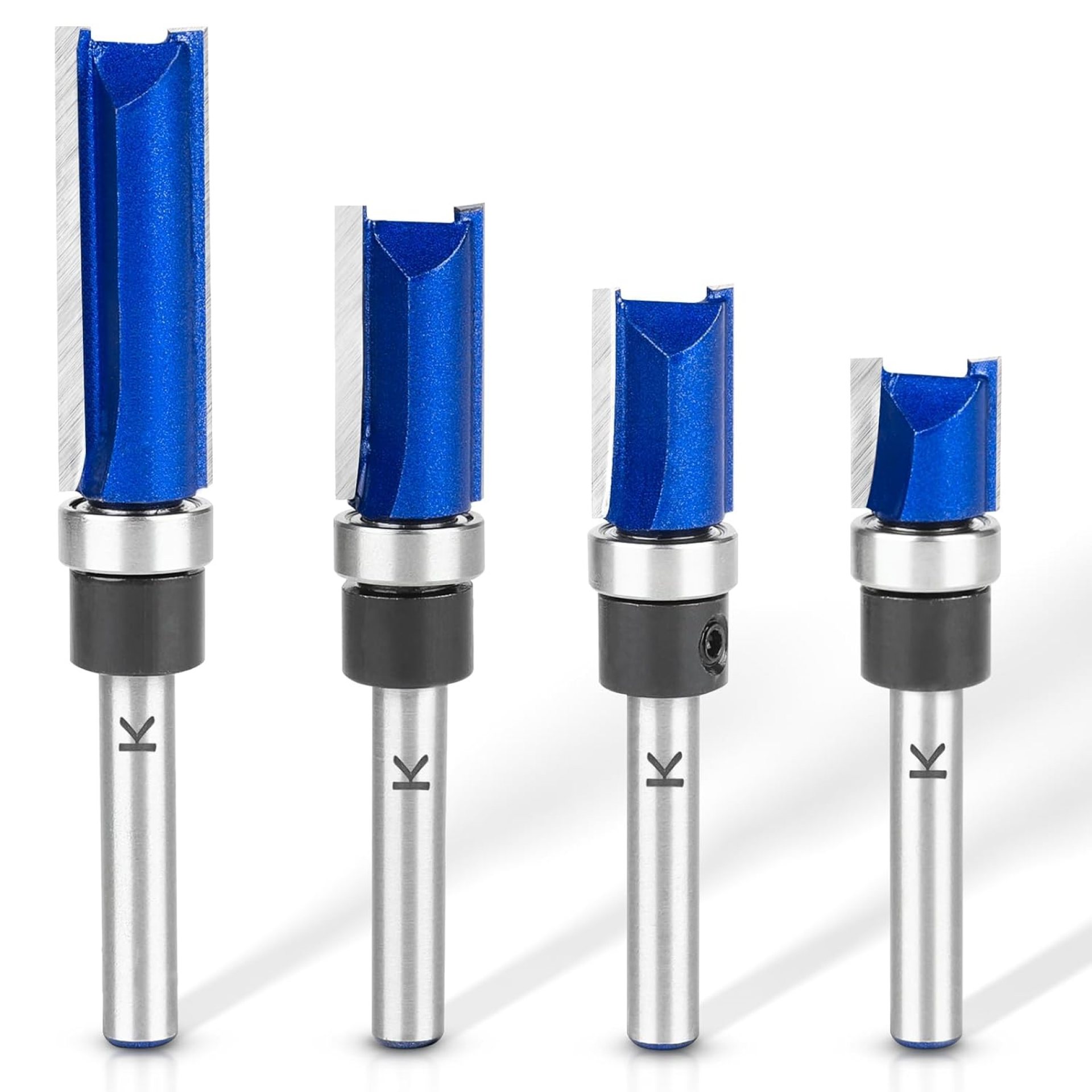 4Pcs Pattern Flush Trim Router Bits 1/4 Inch Shank, Bottom Bearing Carbide Flush Trim Cut Router bit Set,Cutting Diameter: 1/2″, Cutting Length: 1/2″, 3/4″, 1″, 1-1/2″ 4Pcs Pattern Flush Trim Router Bits 1/4 Inch Shank, Bottom Bearing Carbide Flush Trim Cut Router bit Set,Cutting Diameter: 1/2″, Cutting Length: 1/2″, 3/4″, 1″, 1-1/2″