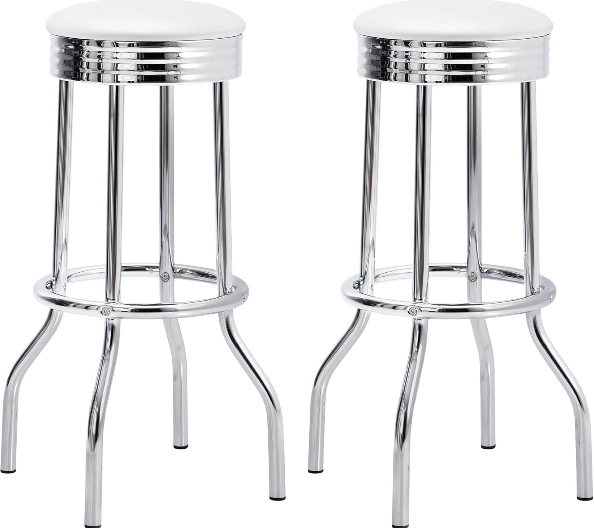 Coaster Home Furnishings – Retro – Set of 2 Upholstered Metal Swivel Bar Stools – Chrome Seat Rim and Legs, Thick Round Footrests – Home Bar, Kitchen Bar, Dining Room – 19-Inch – White – 2299W Coaster Home Furnishings – Retro – Set of 2 Upholstered Metal Swivel Bar Stools – Chrome Seat Rim and Legs, Thick Round Footrests – Home Bar, Kitchen Bar, Dining Room – 19-Inch – White – 2299W