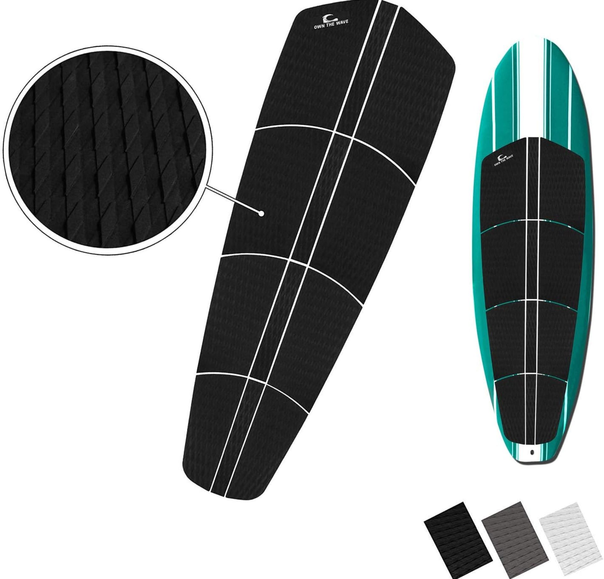Own the Wave 12 Piece Premium EVA Foam Surfboard Traction Pad Non-Slip Trimmable Deck Sheet 3M Adhesive for Longboard SUP Paddleboard Surfboard White, Black, Grey Own the Wave 12 Piece Premium EVA Foam Surfboard Traction Pad Non-Slip Trimmable Deck Sheet 3M Adhesive for Longboard SUP Paddleboard Surfboard White, Black, Grey