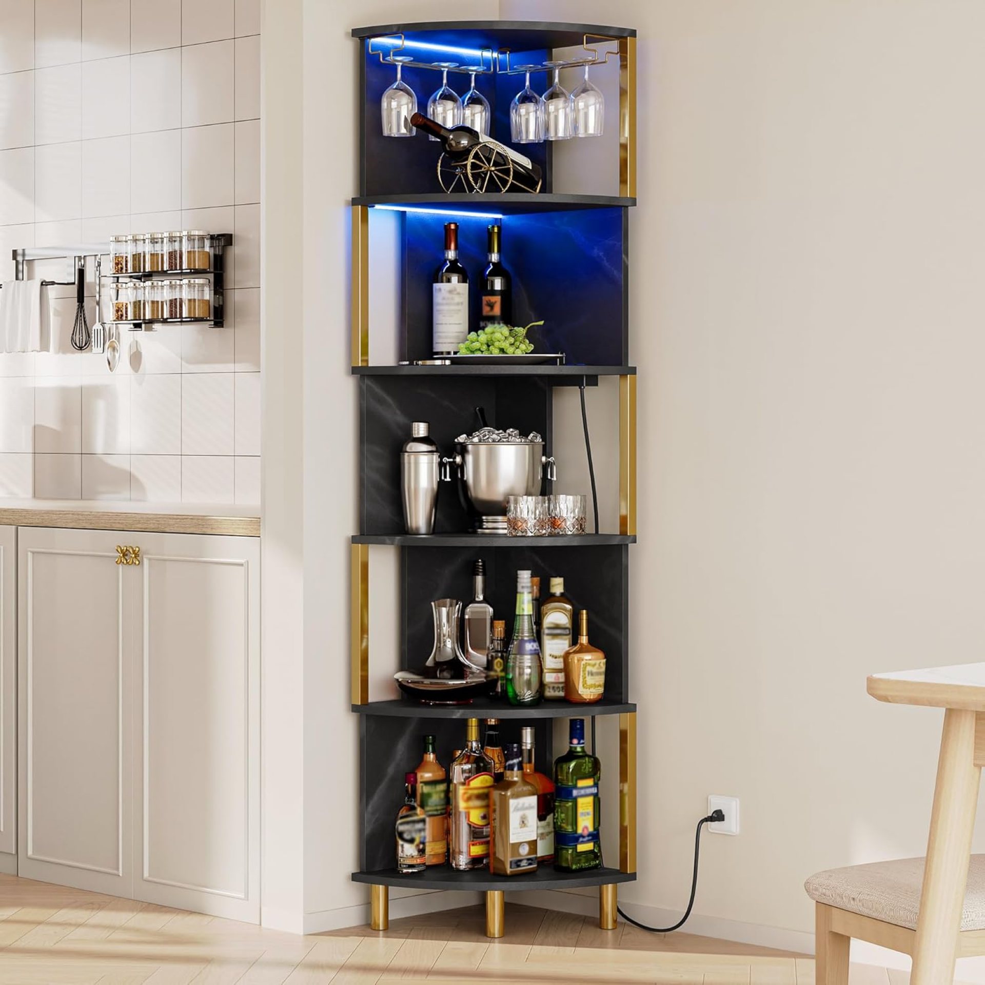 IRONCK Corner Bar Cabinet with LED Lights & Power Outlets, 5-Tier Corner Shelf with Glass Holder, Wine Bar Cabinet Liquor Cabinet for Living Room, Dining Room, Kitchen, Black & Gold IRONCK Corner Bar Cabinet with LED Lights & Power Outlets, 5-Tier Corner Shelf with Glass Holder, Wine Bar Cabinet Liquor Cabinet for Living Room, Dining Room, Kitchen, Black & Gold