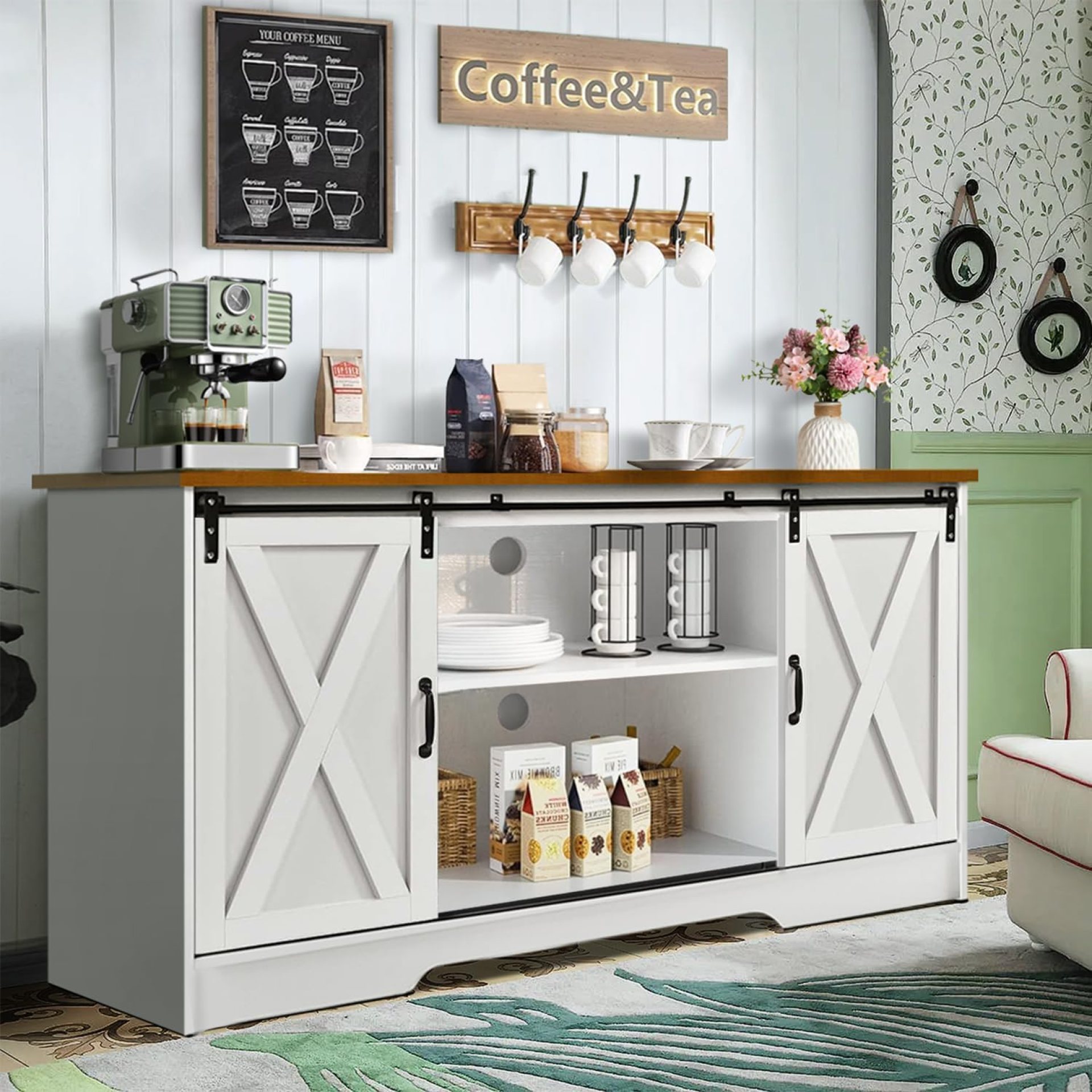 4 EVER WINNER Farmhouse Coffee Bar Cabinet, 59″ Buffet Cabinet with Storage & Sliding Barn Doors, Kitchen Storage Cabinet, Coffee Station, Living Dining Room, White 4 EVER WINNER Farmhouse Coffee Bar Cabinet, 59″ Buffet Cabinet with Storage & Sliding Barn Doors, Kitchen Storage Cabinet, Coffee Station, Living Dining Room, White