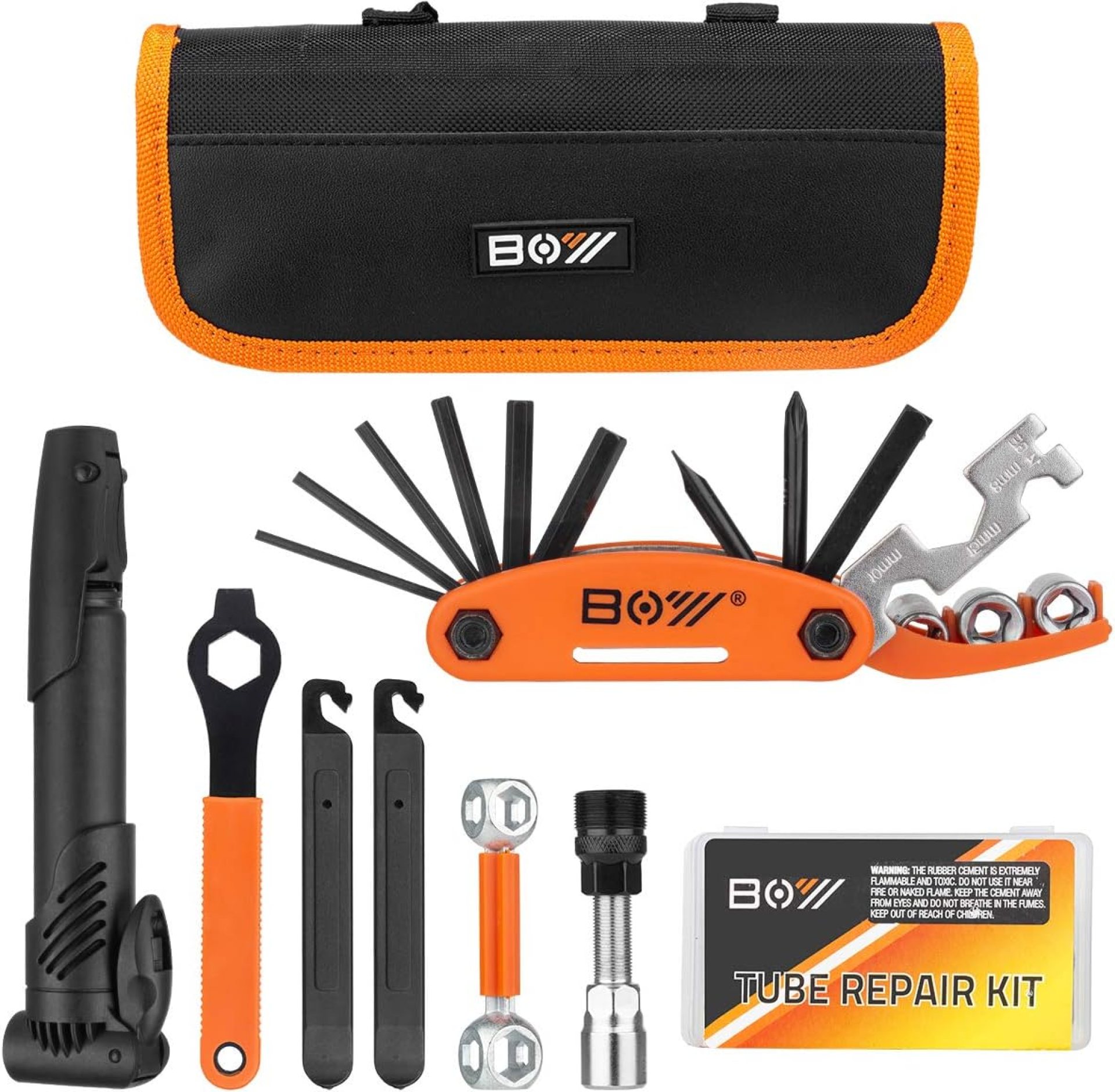 Bicycle Repair Bag With Tire Pump, Portable Tool Kit for Camping Travel – Patches, Inflator, Maintenance Essentials All in One Safety Kit Bicycle Repair Bag With Tire Pump, Portable Tool Kit for Camping Travel – Patches, Inflator, Maintenance Essentials All in One Safety Kit