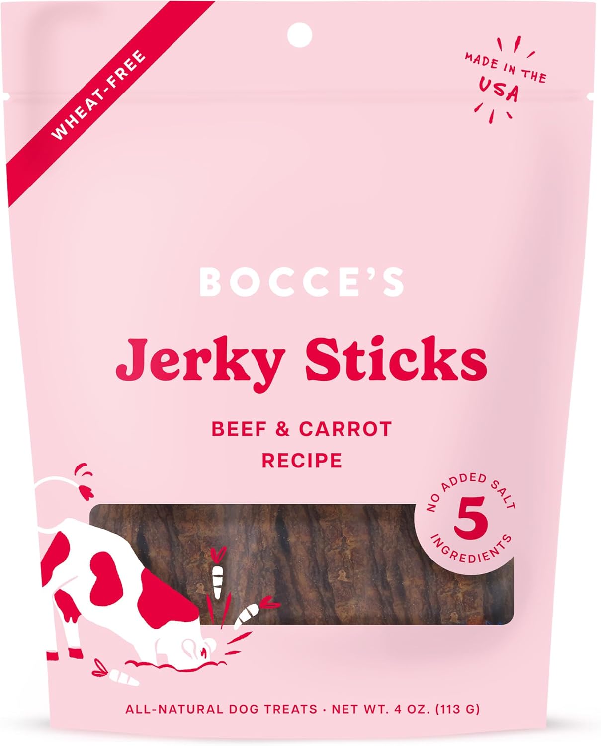 Bocce’s Bakery Jerky Stick Dog Treats, Wheat-Free, Made with Limited-Ingredients, Baked in The USA with No Added Salt or Sugar, All-Naural & High-Protein, Beef & Carrot Recipe, 4 oz Bocce’s Bakery Jerky Stick Dog Treats, Wheat-Free, Made with Limited-Ingredients, Baked in The USA with No Added Salt or Sugar, All-Naural & High-Protein, Beef & Carrot Recipe, 4 oz