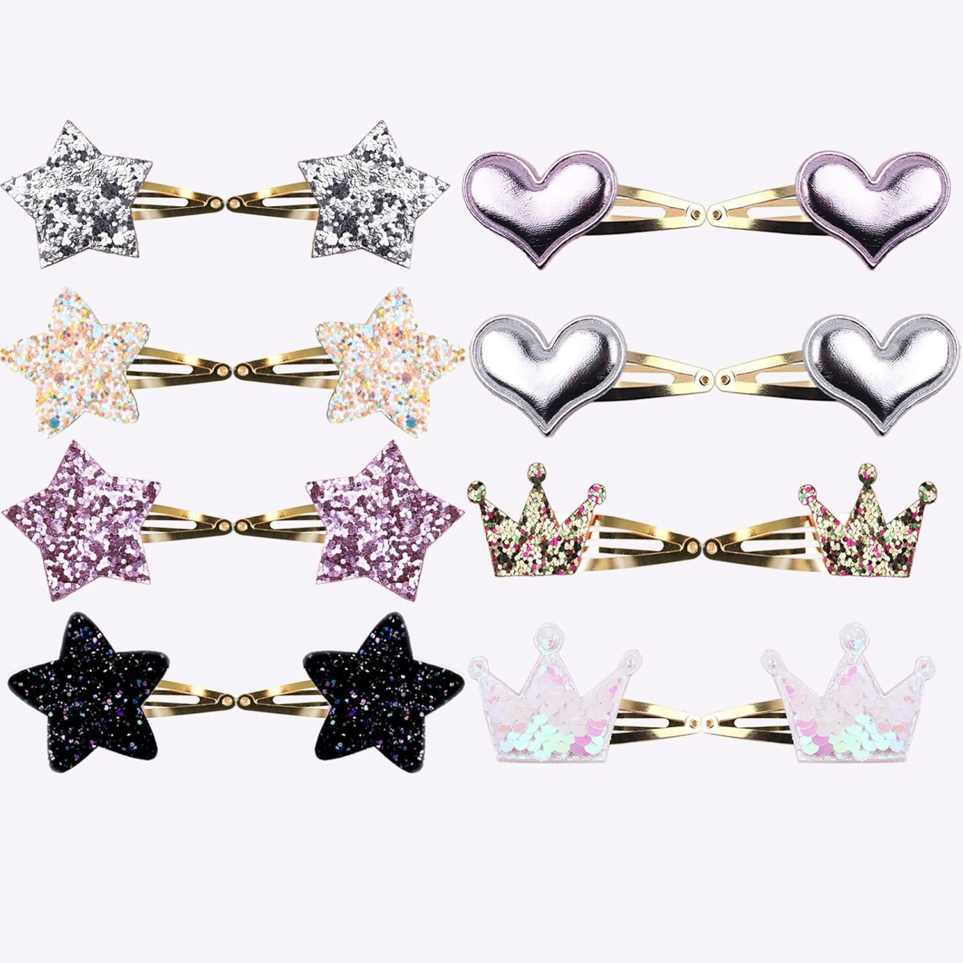 8 Pairs/16 Pack Star/Crown/Heart Shaped Girls’ Hair Clips, Metal Snap Pins, Sparkly Styling Accessories 8 Pairs/16 Pack Star/Crown/Heart Shaped Girls’ Hair Clips, Metal Snap Pins, Sparkly Styling Accessories