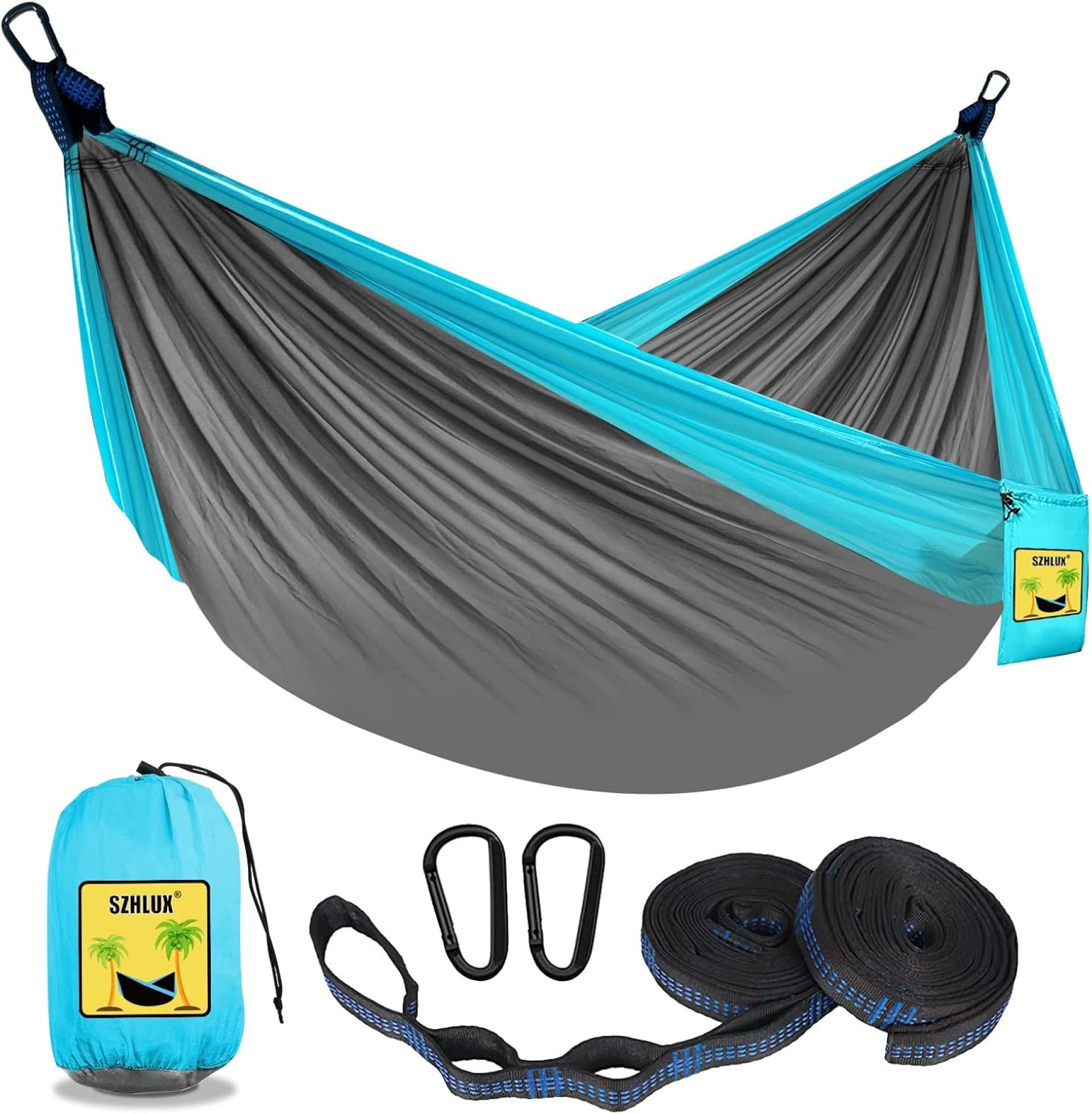SZHLUX Camping Hammock Double & Single Portable Hammocks with 2 Tree Straps and Attached Carry Bag,Great for Outdoor,Indoor,Beach,Camping,Light Grey / Sky Blue SZHLUX Camping Hammock Double & Single Portable Hammocks with 2 Tree Straps and Attached Carry Bag,Great for Outdoor,Indoor,Beach,Camping,Light Grey / Sky Blue