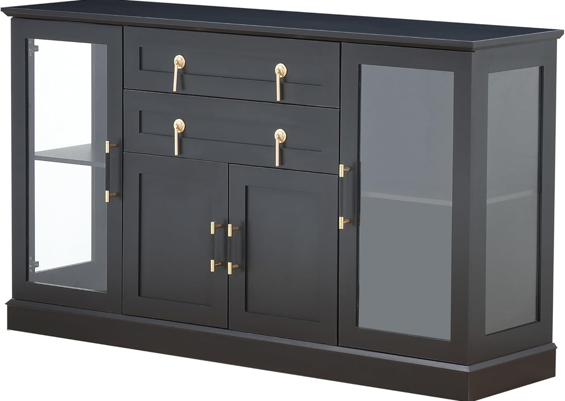 58.2” Modern Sideboard with Storage, Accent Buffet Cabinet with 2 Glass Doors,Credenza with Two Drawers and Adjustable and Shelves,Black 58.2” Modern Sideboard with Storage, Accent Buffet Cabinet with 2 Glass Doors,Credenza with Two Drawers and Adjustable and Shelves,Black