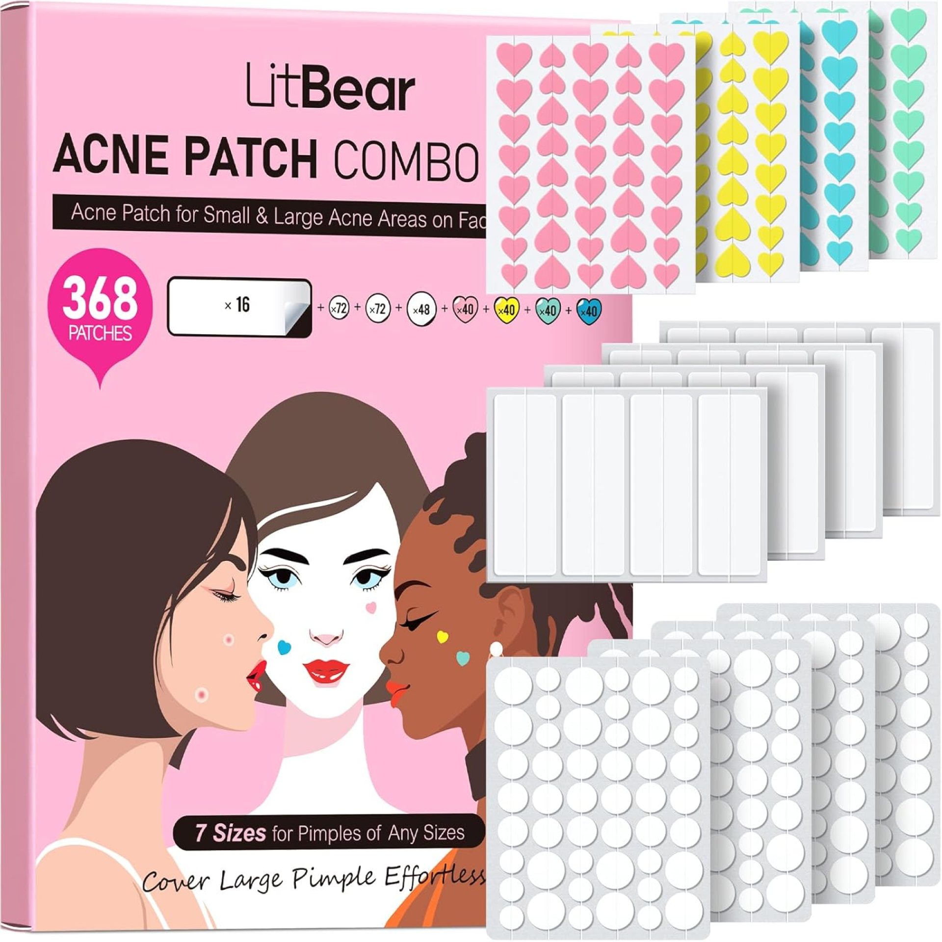 LitBear 3 IN 1 Acne Patch for Face, 7 Sizes 368 Patches Hydrocolloid Acne Patches for Chin, Forehead, Nose, 16 XL Pimple Patches Large for Body, Heart-Shaped Acne Cover Zit Patches Acne Dots Sticker LitBear 3 IN 1 Acne Patch for Face, 7 Sizes 368 Patches Hydrocolloid Acne Patches for Chin, Forehead, Nose, 16 XL Pimple Patches Large for Body, Heart-Shaped Acne Cover Zit Patches Acne Dots Sticker