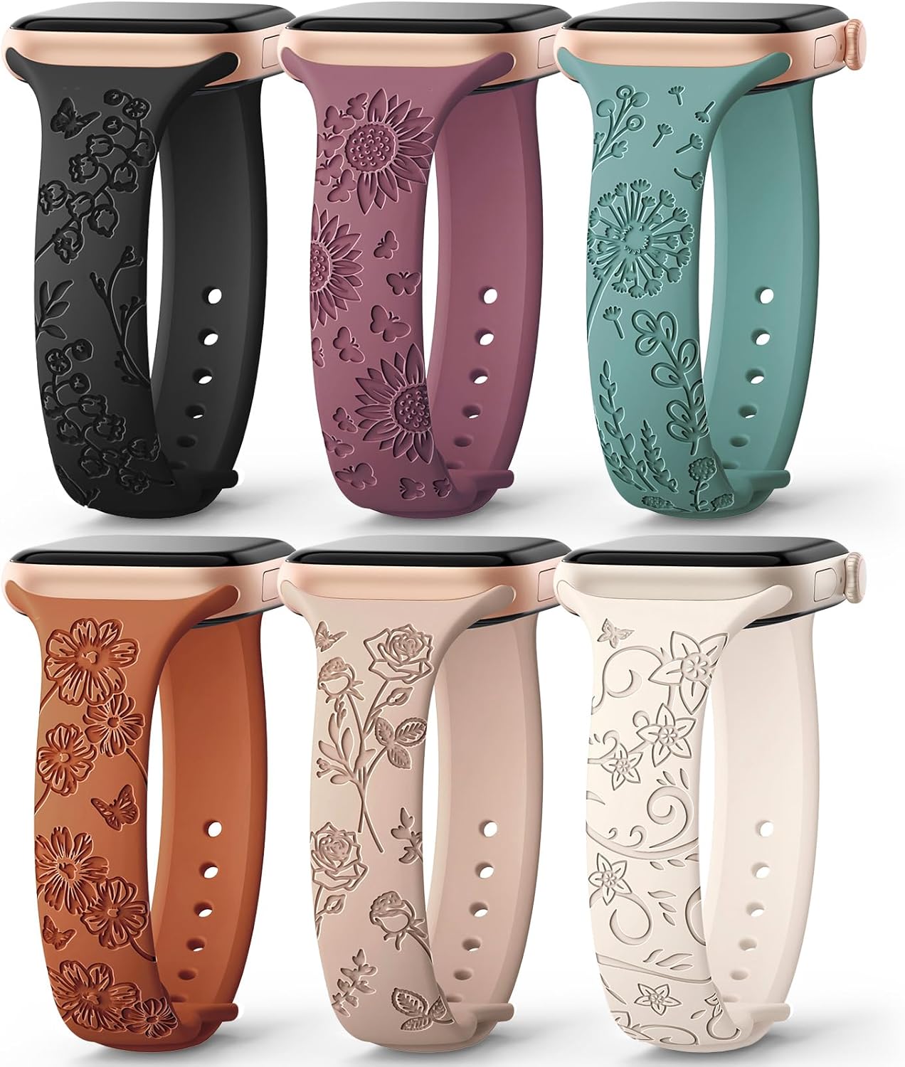 AMSKY 6 Pack Slim Floral Engraved Bands Compatible with Apple Watch Band 40mm 41mm 42mm 38mm 44mm 45mm 46mm 49mm for Women,Cute Silicone Sport Strap for iWatch Series 10 Ultra 9 8 7 6 5 4 3 2 1 SE AMSKY 6 Pack Slim Floral Engraved Bands Compatible with Apple Watch Band 40mm 41mm 42mm 38mm 44mm 45mm 46mm 49mm for Women,Cute Silicone Sport Strap for iWatch Series 10 Ultra 9 8 7 6 5 4 3 2 1 SE