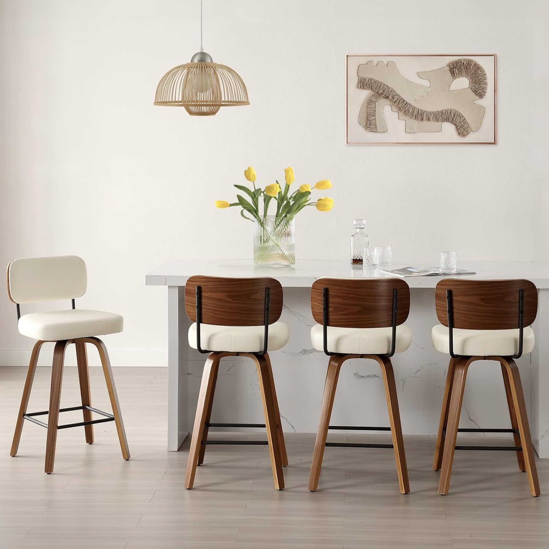 Swivel Counter Height Bar Stools Set of 4, 26″ Upholstered Faux Leather Barstools with Back and Bent Wood Legs, Mid Century Modern Bar Chair Island Stool for Kitchen Counter, Cream White Swivel Counter Height Bar Stools Set of 4, 26″ Upholstered Faux Leather Barstools with Back and Bent Wood Legs, Mid Century Modern Bar Chair Island Stool for Kitchen Counter, Cream White