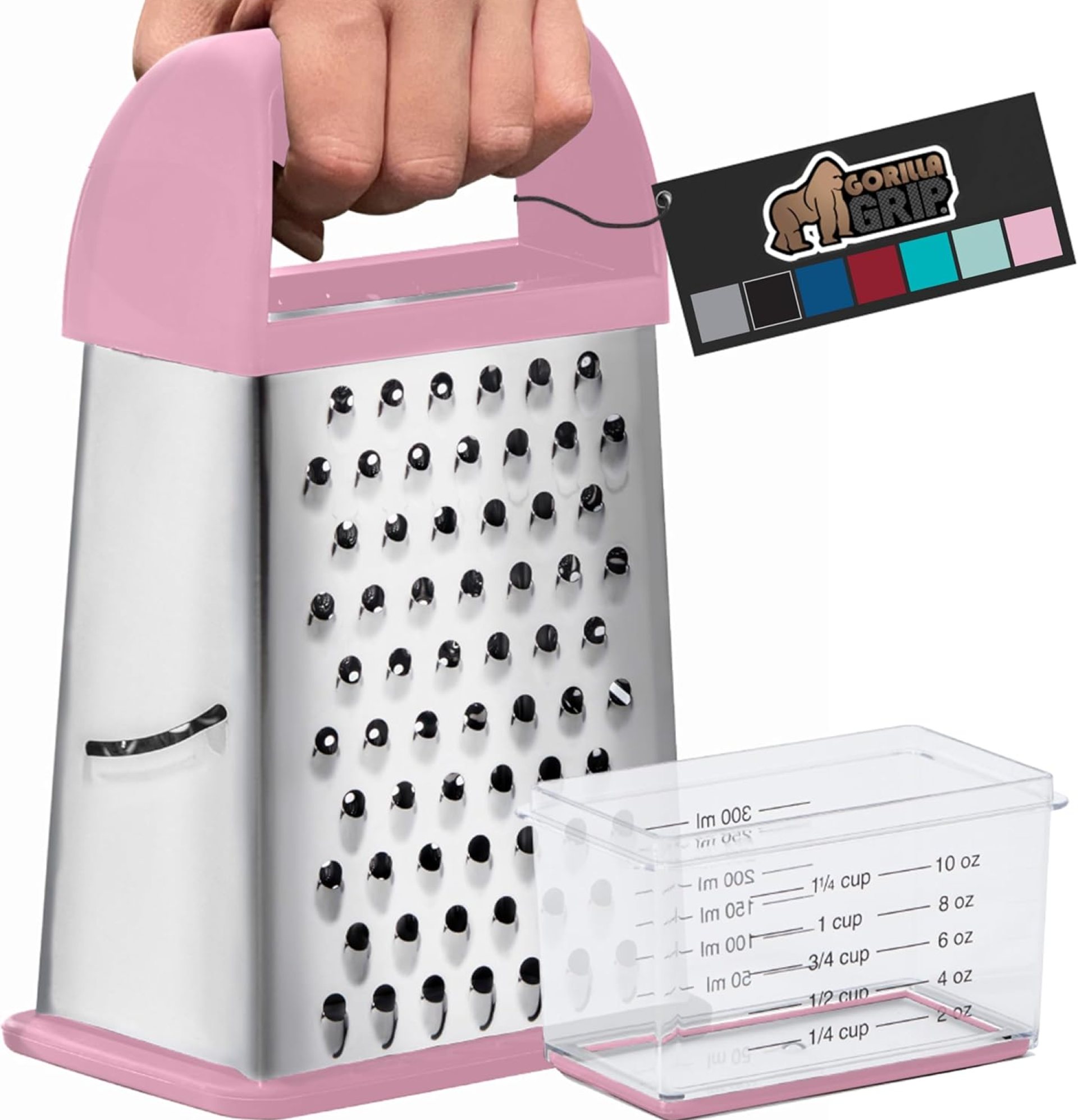 GORILLA GRIP 4-Sided 100% BPA-Free Cheese Grater With Container, Stainless Steel XL Box Graters, Parmesan Shredder, Grate Cheeses, Shred Veggies, Slip Resistant Handle, Dishwasher Safe Zester, Pink GORILLA GRIP 4-Sided 100% BPA-Free Cheese Grater With Container, Stainless Steel XL Box Graters, Parmesan Shredder, Grate Cheeses, Shred Veggies, Slip Resistant Handle, Dishwasher Safe Zester, Pink