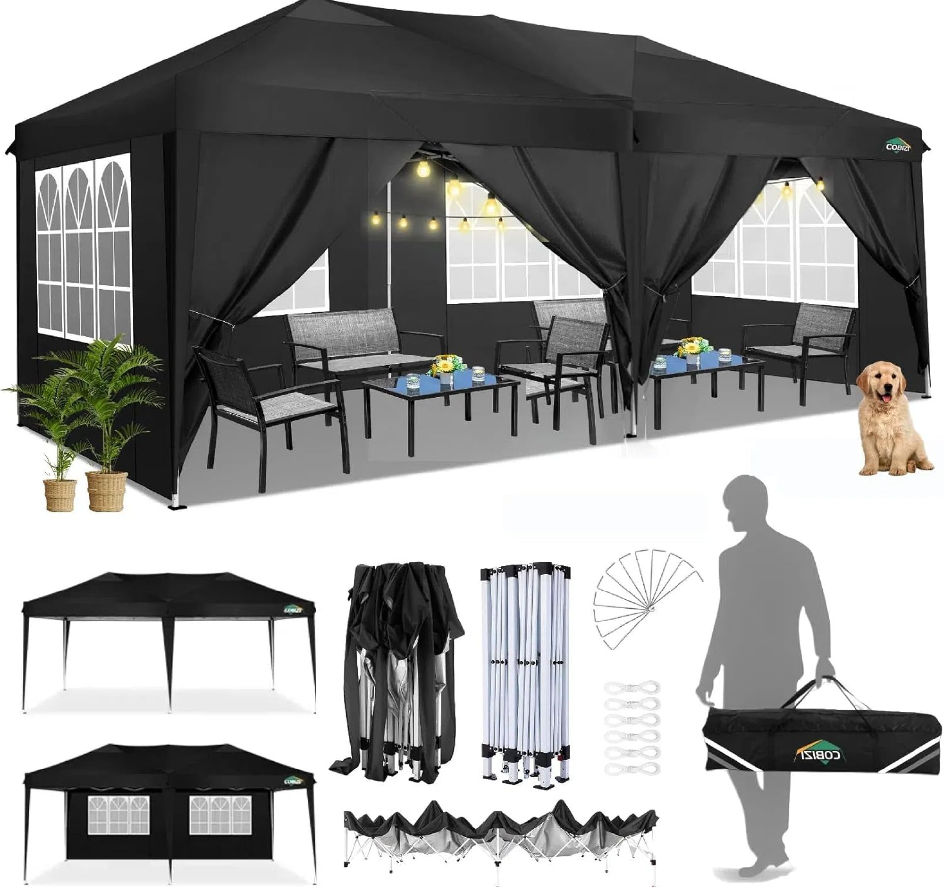 COBIZI Canopy 10×20 Pop Up Canopy Tent with 6 Sidewalls Easy Pop Up Tent 10×20 Waterproof Commercial Instant Shelter UPF 50+ Portable Gazebo Wedding Tents for Parties Carport Vender Events(Black.. COBIZI Canopy 10×20 Pop Up Canopy Tent with 6 Sidewalls Easy Pop Up Tent 10×20 Waterproof Commercial Instant Shelter UPF 50+ Portable Gazebo Wedding Tents for Parties Carport Vender Events(Black..