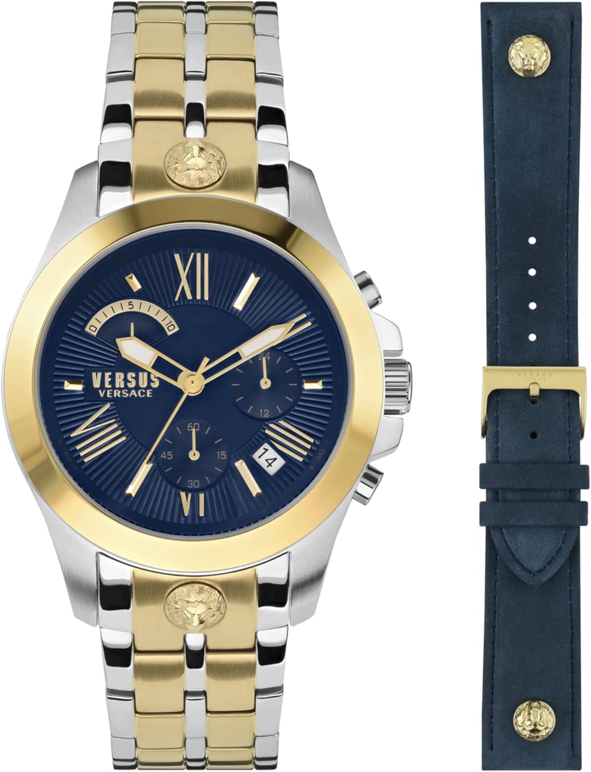 Versus Versace Mens Chrono Lion Chronograph Fashion Watch Box Set. Adjustable Bracelet Enamel Dial. Includes Interchangeable Genuine Leather Strap Versus Versace Mens Chrono Lion Chronograph Fashion Watch Box Set. Adjustable Bracelet Enamel Dial. Includes Interchangeable Genuine Leather Strap