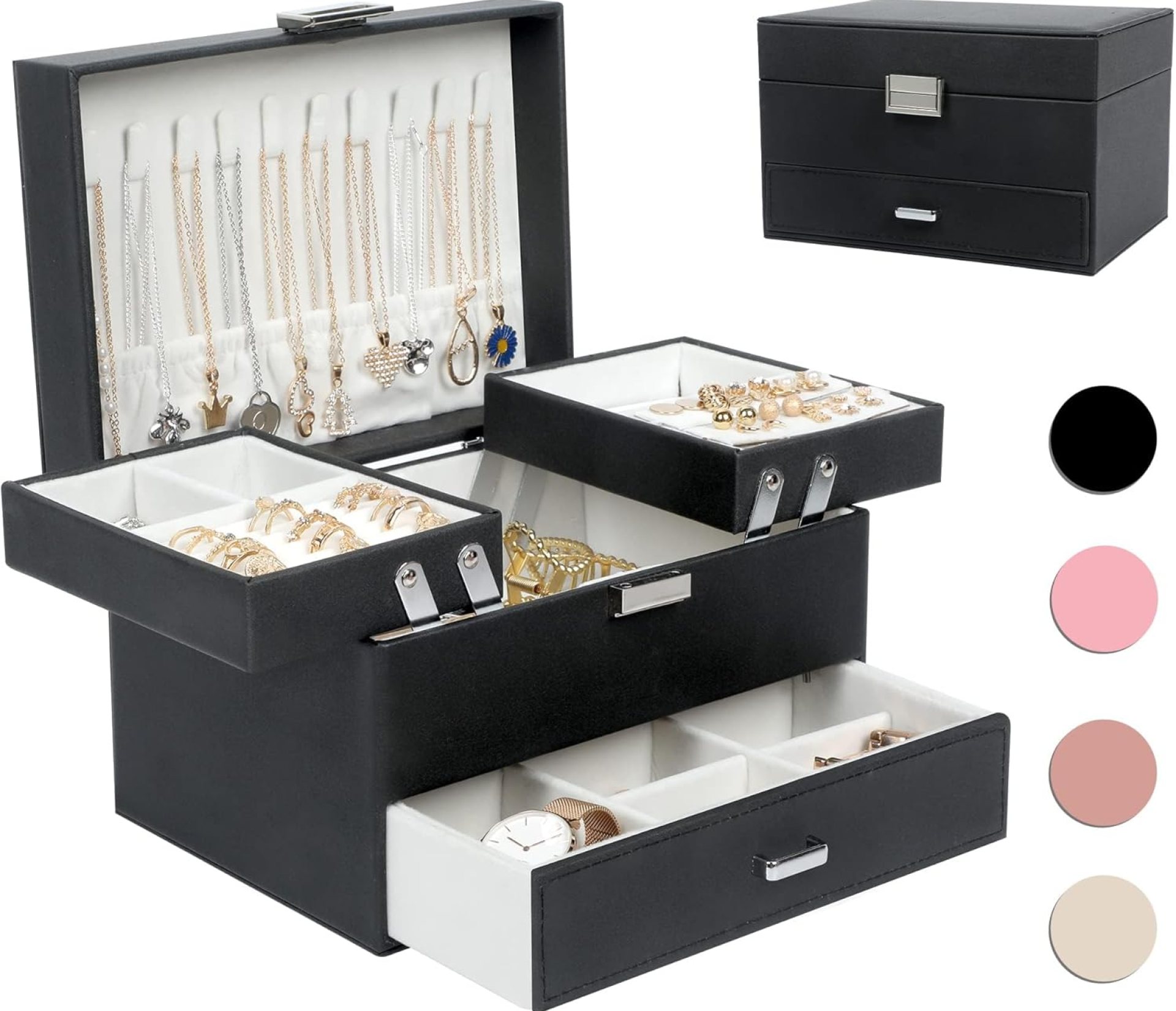 Dajasan Jewelry Boxes for Women Girls, Jewelry Organizer Box, 3 Layers Jewelry Storage Organizer for Earring, Ring, Necklace, Bracelets (Black) Dajasan Jewelry Boxes for Women Girls, Jewelry Organizer Box, 3 Layers Jewelry Storage Organizer for Earring, Ring, Necklace, Bracelets (Black)
