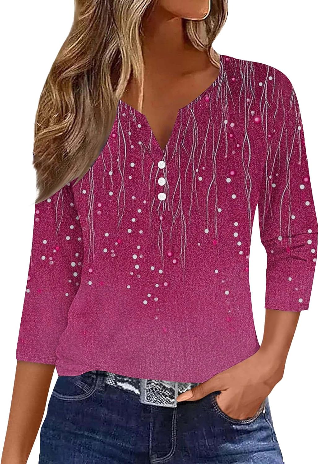 3/4 Length Sleeve Womens Tops Casual V-Neck Button Down Blouse Ladies Top for Spring and Summer Fashion Outfit 3/4 Length Sleeve Womens Tops Casual V-Neck Button Down Blouse Ladies Top for Spring and Summer Fashion Outfit
