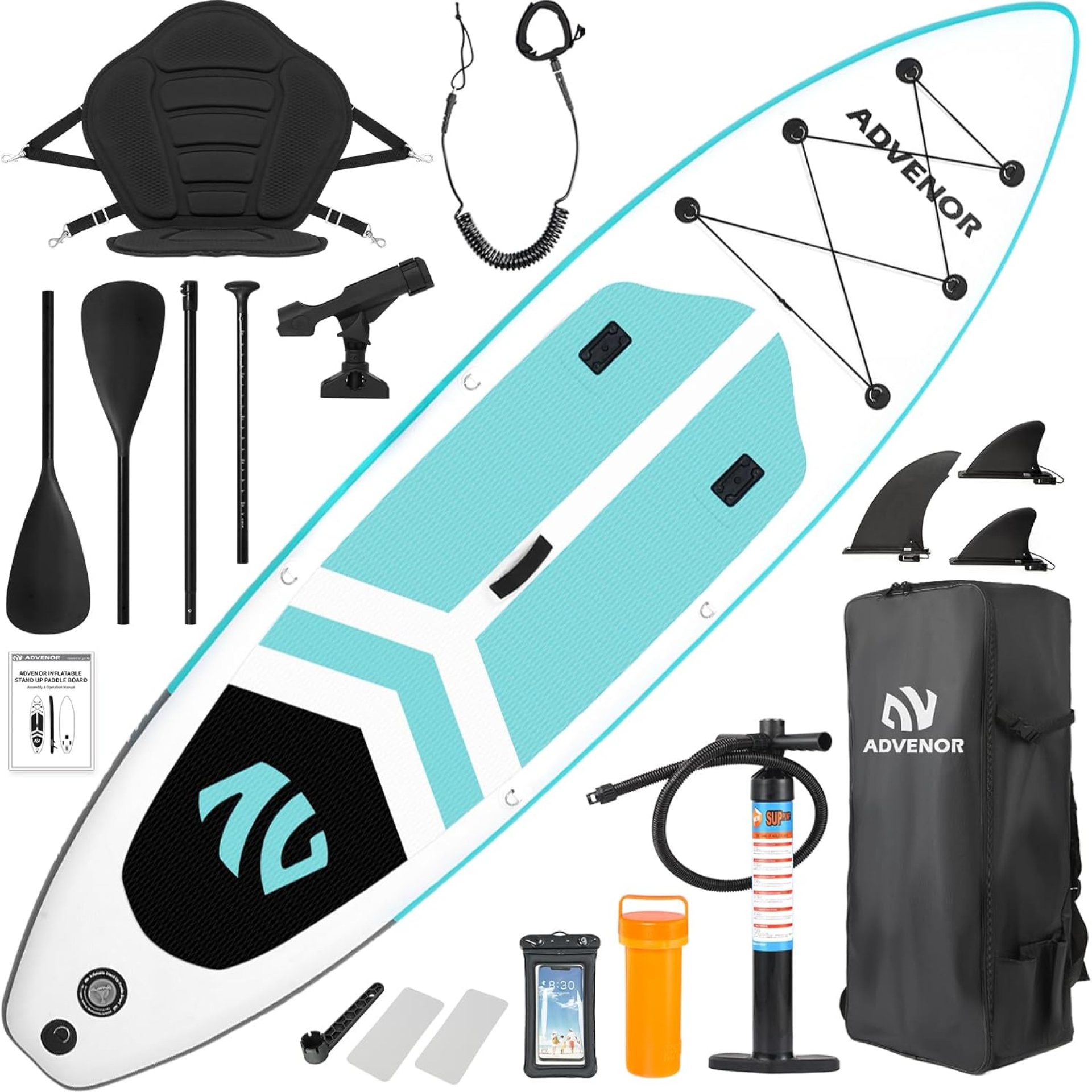 ADVENOR Paddle Board 11’x33 x6 Extra Wide Inflatable Stand Up Paddle Board with Hand Pump,Leash, Adjustable Paddle For Basic Version, Extra Kayak Paddle Kayak Seat 2 Fishing Mounts For Fishing Version ADVENOR Paddle Board 11’x33 x6 Extra Wide Inflatable Stand Up Paddle Board with Hand Pump,Leash, Adjustable Paddle For Basic Version, Extra Kayak Paddle Kayak Seat 2 Fishing Mounts For Fishing Version