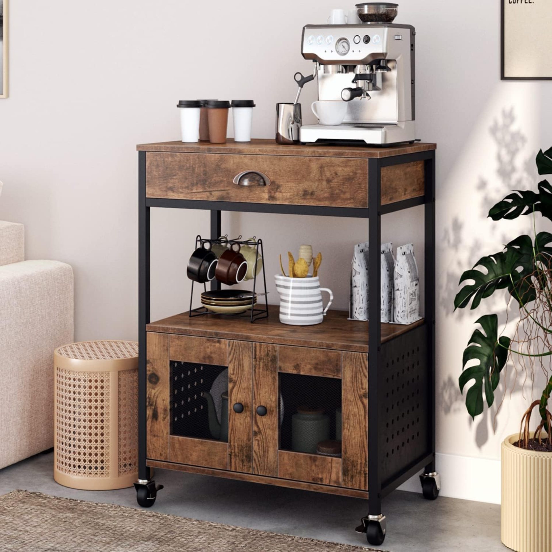 Catrimown Coffee Cart Station, Coffee Stand Station, Small Microwave Stand with Drawer, Movable Farmhouse Coffee Station Table on Wheels for Living Room, Entryway, Dining Room, Kitchen Catrimown Coffee Cart Station, Coffee Stand Station, Small Microwave Stand with Drawer, Movable Farmhouse Coffee Station Table on Wheels for Living Room, Entryway, Dining Room, Kitchen