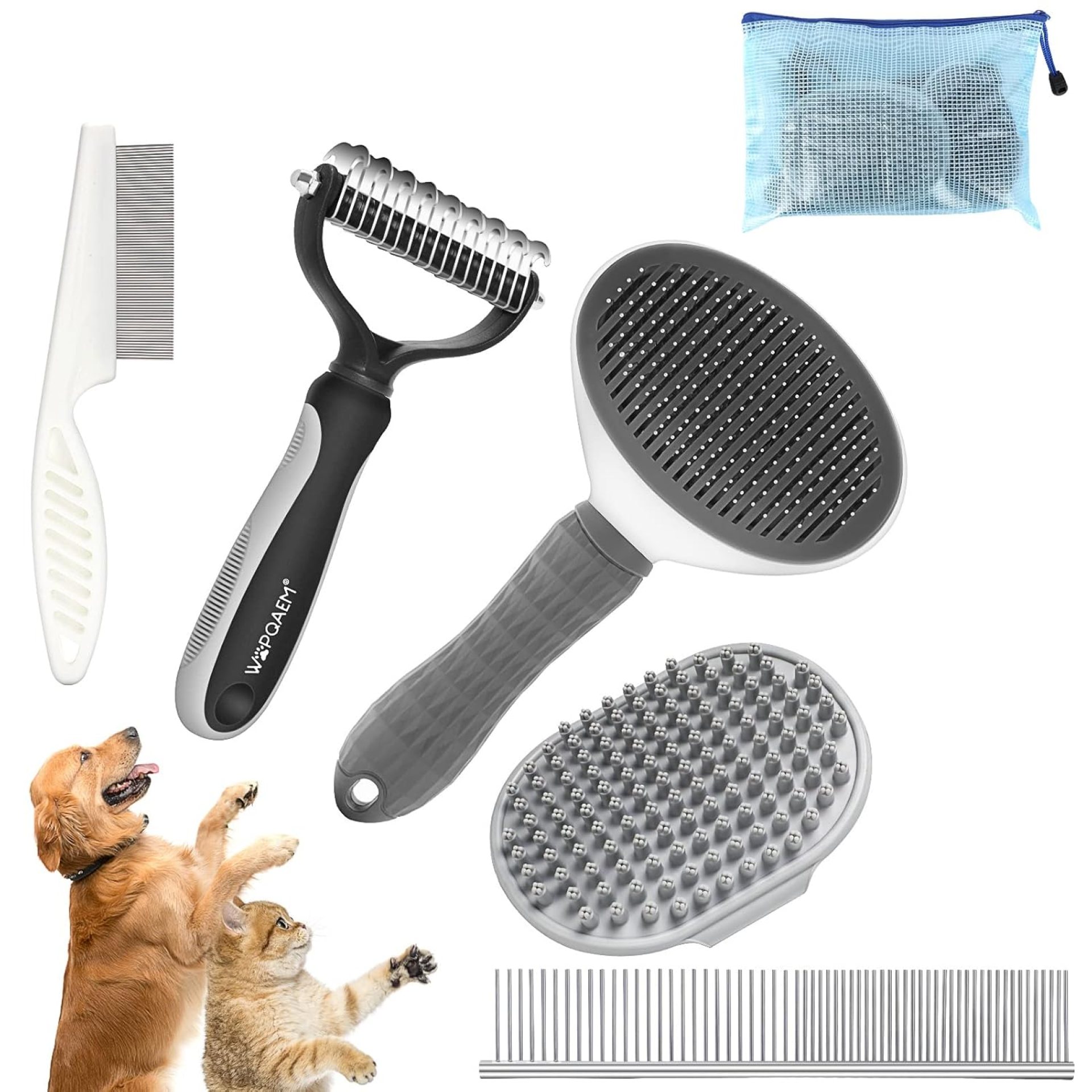 5 in 1 Dog Grooming Kit – Self-Cleaning Slicker Brush for Shedding Short Long Haired Dogs & Cats, Includes Pet Comb, Flea Comb, Bath Brush, Undercoat Rake – Complete Fur Care Set – Gray 5 in 1 Dog Grooming Kit – Self-Cleaning Slicker Brush for Shedding Short Long Haired Dogs & Cats, Includes Pet Comb, Flea Comb, Bath Brush, Undercoat Rake – Complete Fur Care Set – Gray
