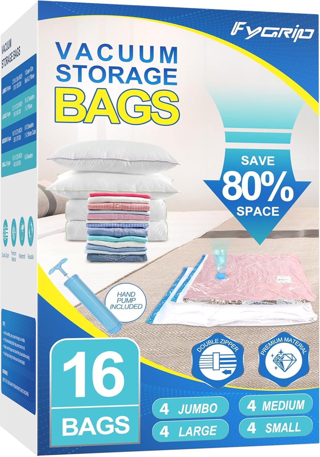 16 Pack Vacuum Storage Bags with Hand Pump, 4 Jumbo + 4 Large + 4 Medium + 4 Small Plastic Packaging Bags, 80% Space Saver Vacuum Seal Bags for Clothing, Travel Lugggage, Blankets, Comforters 16 Pack Vacuum Storage Bags with Hand Pump, 4 Jumbo + 4 Large + 4 Medium + 4 Small Plastic Packaging Bags, 80% Space Saver Vacuum Seal Bags for Clothing, Travel Lugggage, Blankets, Comforters