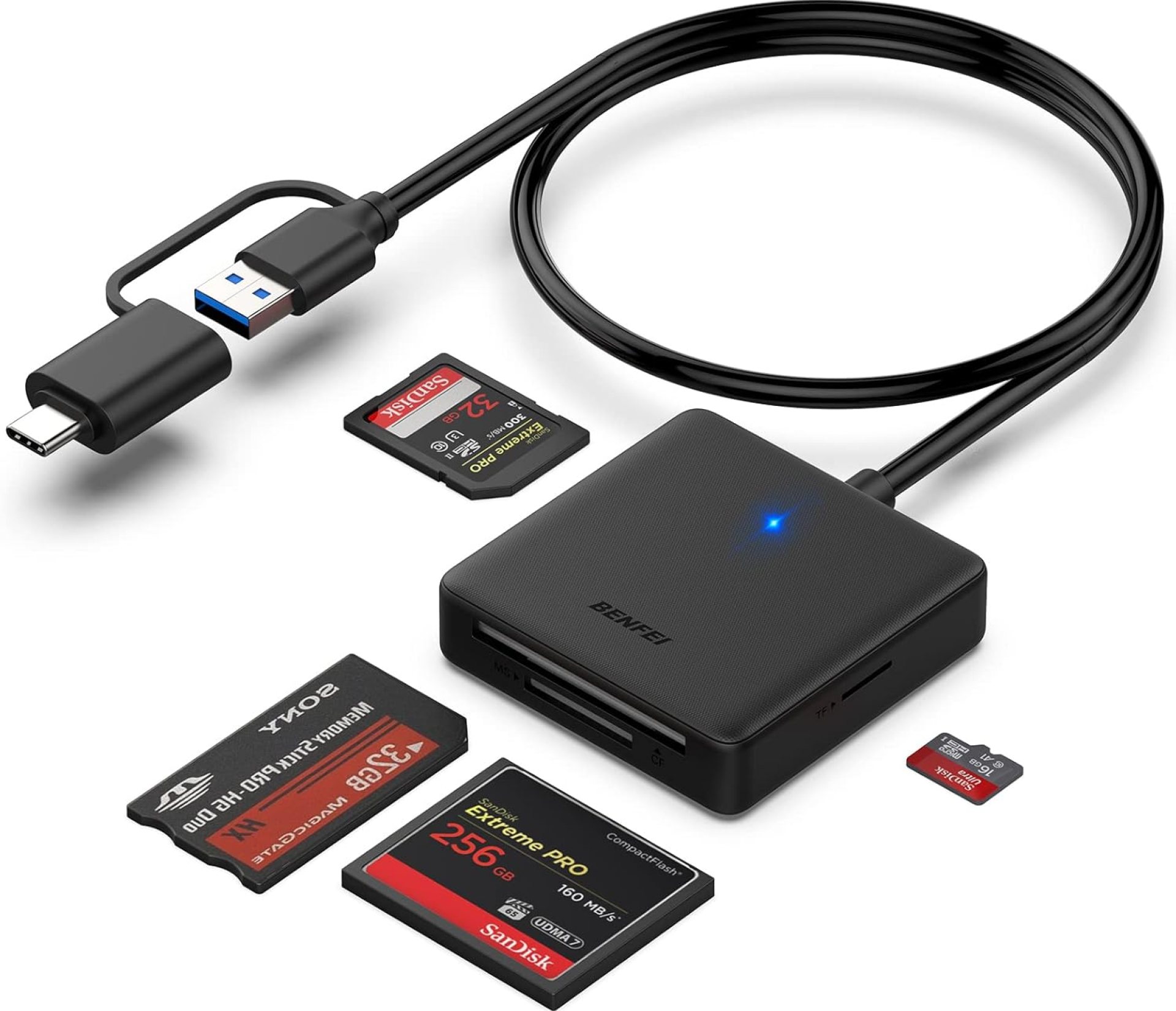 Memory Card Reader, BENFEI 4in1 USB 3.0 and USB-C to SD Micro SD MS CF Card Reader Adapter, 4 Cards Simultaneously Read and Write, Compatible with iPhone 15 Series, MacBook Pro/Air 2023, and More Memory Card Reader, BENFEI 4in1 USB 3.0 and USB-C to SD Micro SD MS CF Card Reader Adapter, 4 Cards Simultaneously Read and Write, Compatible with iPhone 15 Series, MacBook Pro/Air 2023, and More
