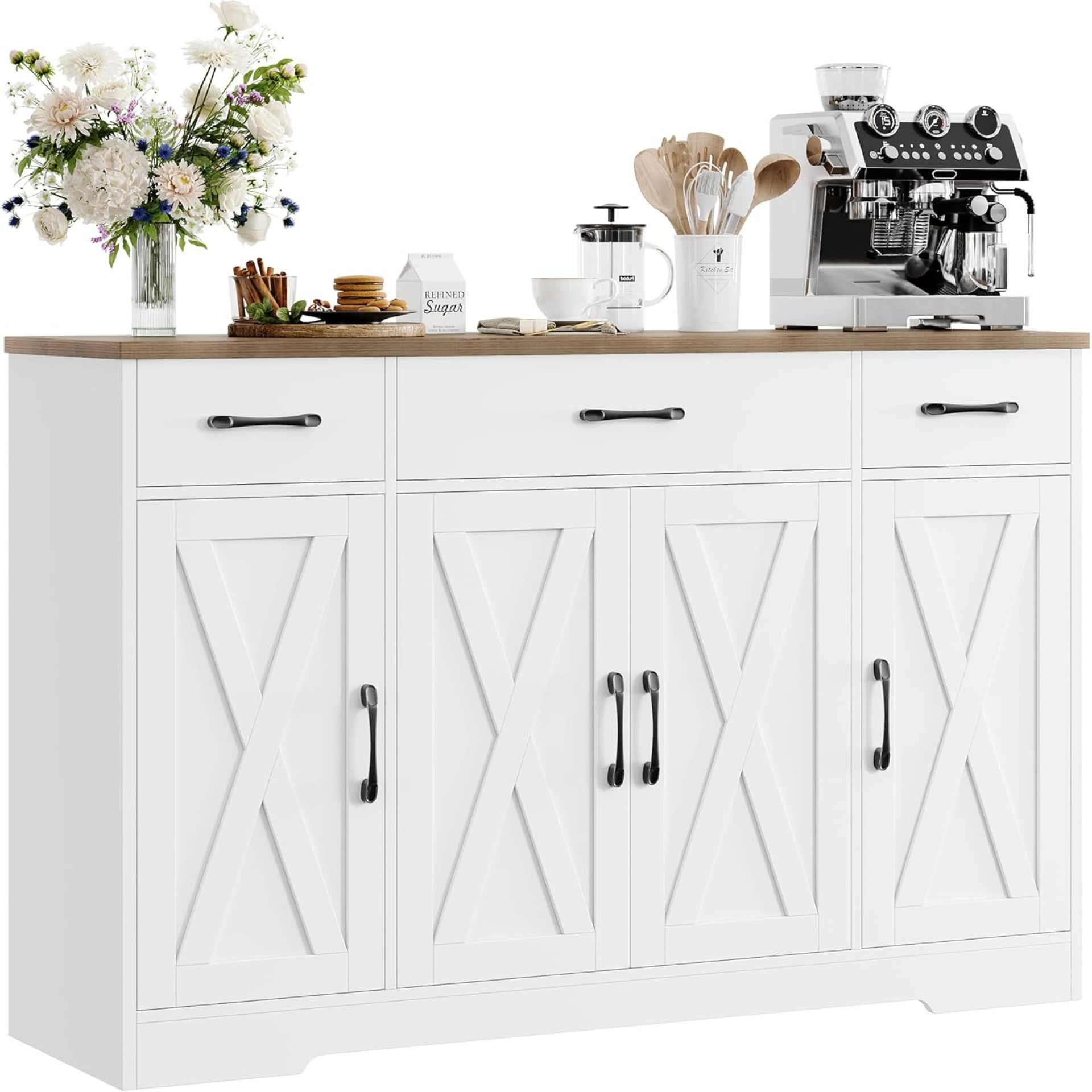 HOSTACK Buffet Cabinet with Drawers, 55″ Large Sideboard Buffet Storage Cabinet with Shelves and Doors, Modern Farmhouse Coffee Bar Cabinet Wood Buffet Table for Kitchen, Dining Room, White/Rustic HOSTACK Buffet Cabinet with Drawers, 55″ Large Sideboard Buffet Storage Cabinet with Shelves and Doors, Modern Farmhouse Coffee Bar Cabinet Wood Buffet Table for Kitchen, Dining Room, White/Rustic