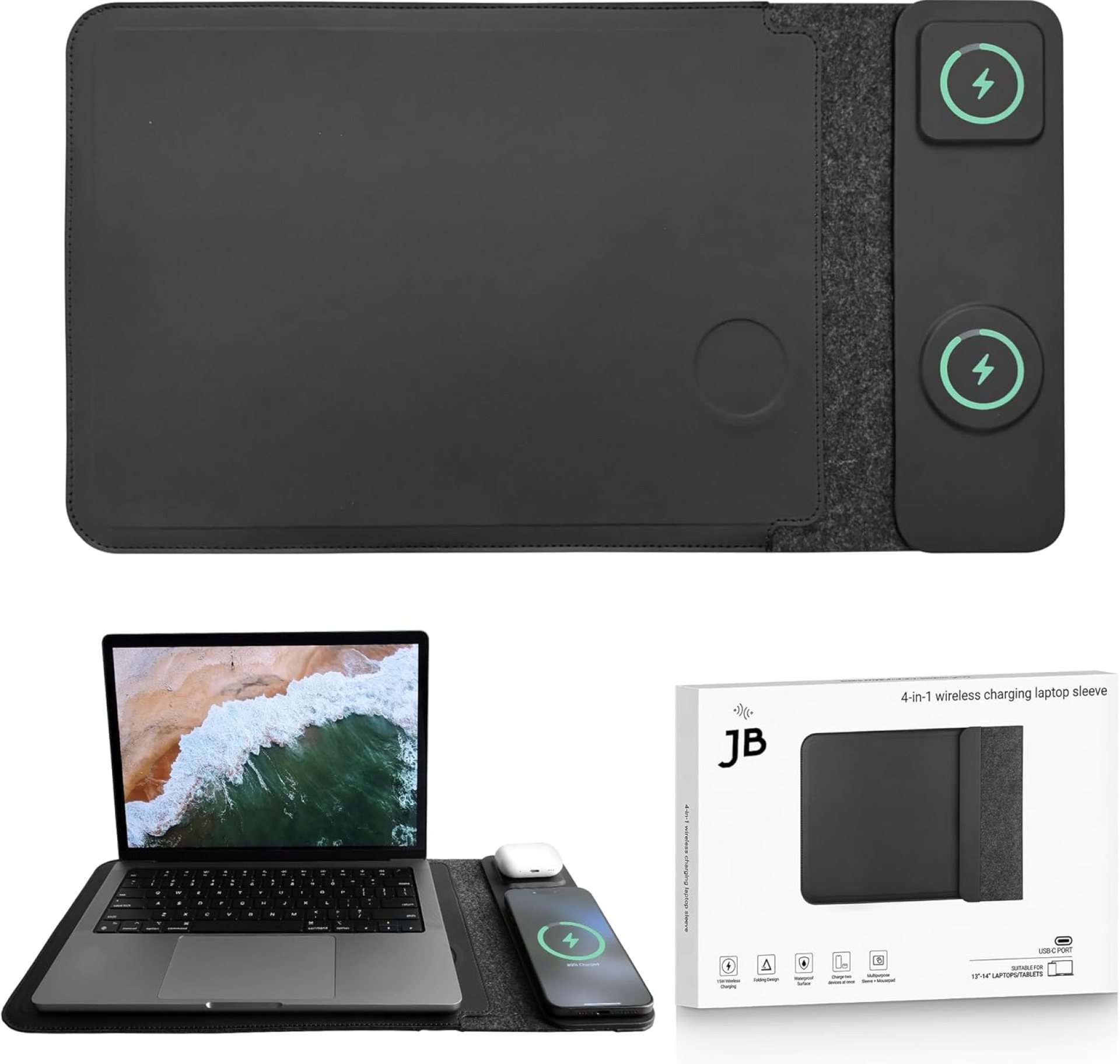 4-in-1 Laptop Sleeve with Wireless Charging – 13/14 inch – Updated Version – Compatible with MagSafe – Use as Laptop Case, Phone and Earbuds Charging Pad, Desk Pad, Mouse Pad 4-in-1 Laptop Sleeve with Wireless Charging – 13/14 inch – Updated Version – Compatible with MagSafe – Use as Laptop Case, Phone and Earbuds Charging Pad, Desk Pad, Mouse Pad