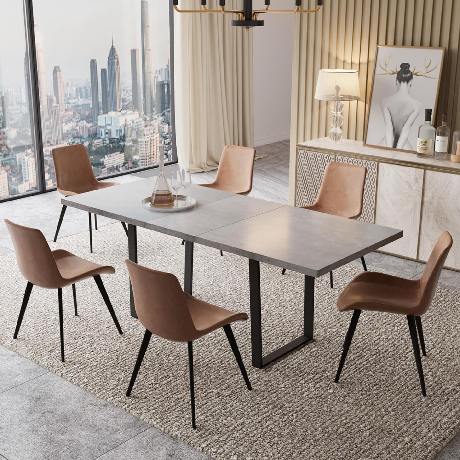 ZckyCine Modern Mid-Century Dining Table Set for 6-8 People Kitchen Dining Room Table Set Extendable Wood Dining Table and 6 Upholstered Chairs, Home Kitchen Furniture ZckyCine Modern Mid-Century Dining Table Set for 6-8 People Kitchen Dining Room Table Set Extendable Wood Dining Table and 6 Upholstered Chairs, Home Kitchen Furniture