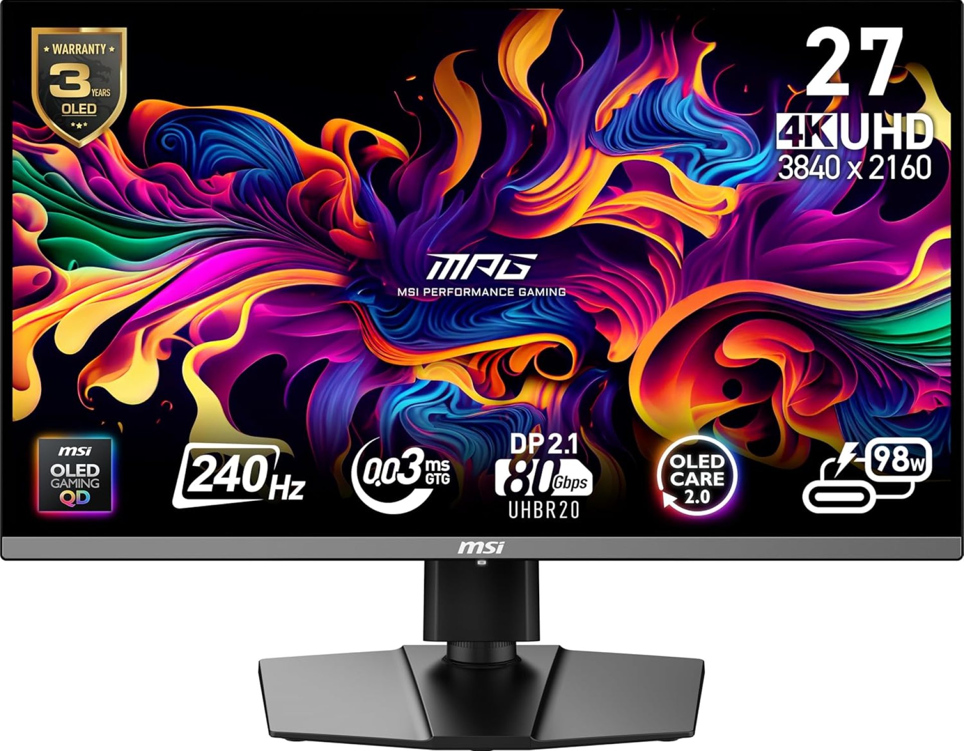 MSI MPG 272URX QD-OLED 27-inch 3840 x 2160 (UHD) Computer Monitor, 240Hz, Adaptive-Synch, HDMI, DP Port, VESA Mountable, Tilt, Speaker, 0.03ms, Black MSI MPG 272URX QD-OLED 27-inch 3840 x 2160 (UHD) Computer Monitor, 240Hz, Adaptive-Synch, HDMI, DP Port, VESA Mountable, Tilt, Speaker, 0.03ms, Black
