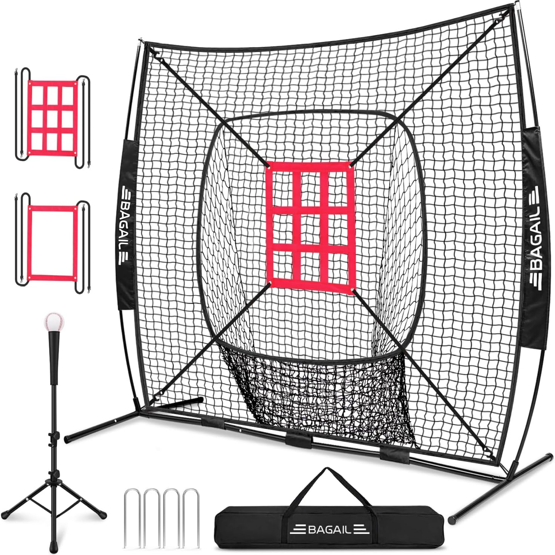 BAGAIL 7×7 ft Baseball & Softball Practice Net with Bow Frame for Batting, Hitting, Pitching, Portable Baseball Throwing Net with 2 Strike Zone Batting Tee, Carry Bag, Great for All Levels BAGAIL 7×7 ft Baseball & Softball Practice Net with Bow Frame for Batting, Hitting, Pitching, Portable Baseball Throwing Net with 2 Strike Zone Batting Tee, Carry Bag, Great for All Levels