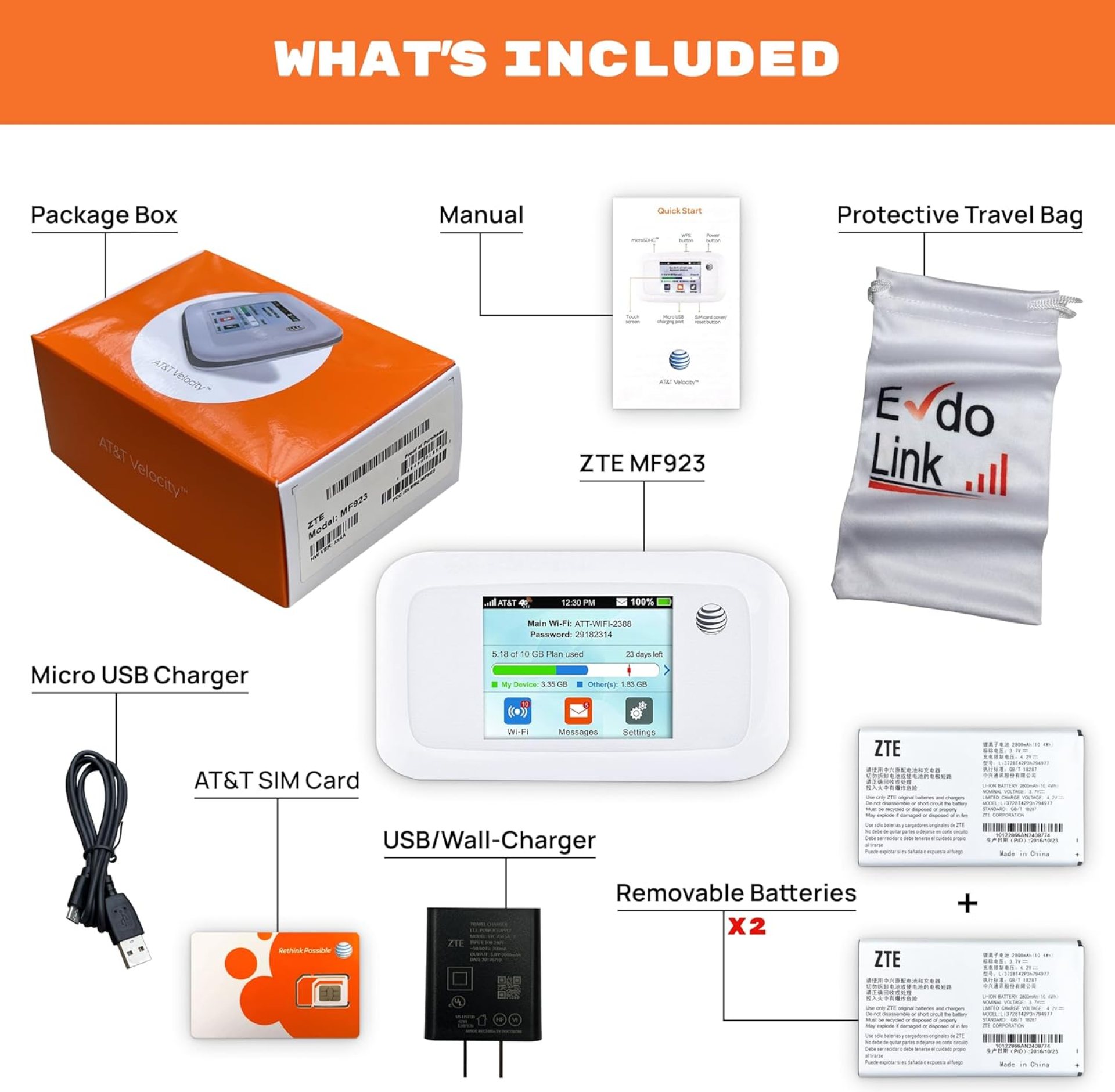 AT&T Mobile Hotspot ZTE Velocity 4G LTE MF923 | Portable WiFi Hotspot for Travel | Up to 150Mbps | Up to 10 Devices | GSM Unlocked | EVDO-LINK Bundle for – AT&T SIM Card (Need to Buy Own Data Plan) AT&T Mobile Hotspot ZTE Velocity 4G LTE MF923 | Portable WiFi Hotspot for Travel | Up to 150Mbps | Up to 10 Devices | GSM Unlocked | EVDO-LINK Bundle for – AT&T SIM Card (Need to Buy Own Data Plan)