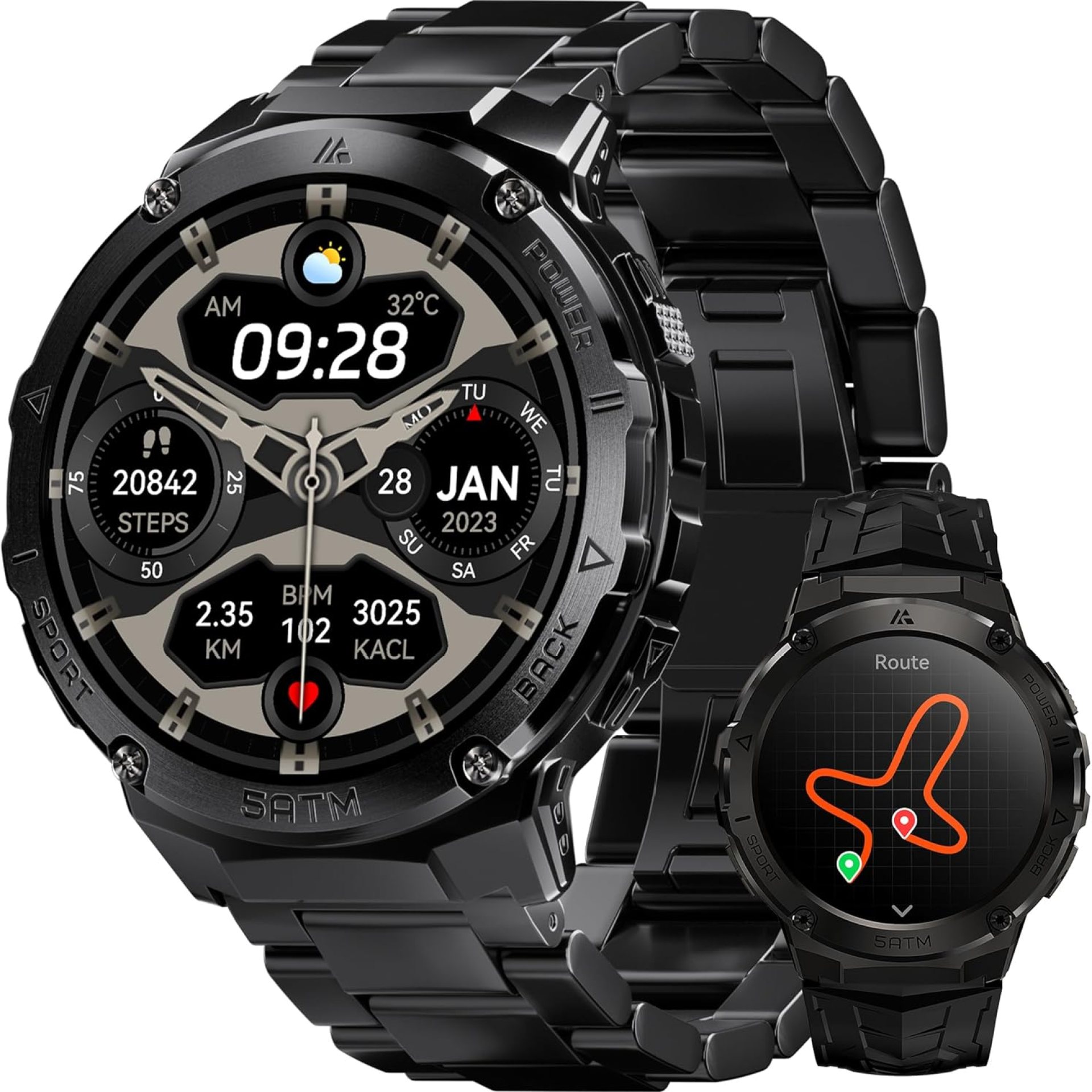 Smart Watches for Men GPS, Pressure,Altitude,Compass, 480mAh Extra-Large Battery, 50M Waterproof, Full Metal Body Rugged Smartwatch, Answer/Make Call,1.43″ AMOLED Display(2 Bands) Smart Watches for Men GPS, Pressure,Altitude,Compass, 480mAh Extra-Large Battery, 50M Waterproof, Full Metal Body Rugged Smartwatch, Answer/Make Call,1.43″ AMOLED Display(2 Bands)