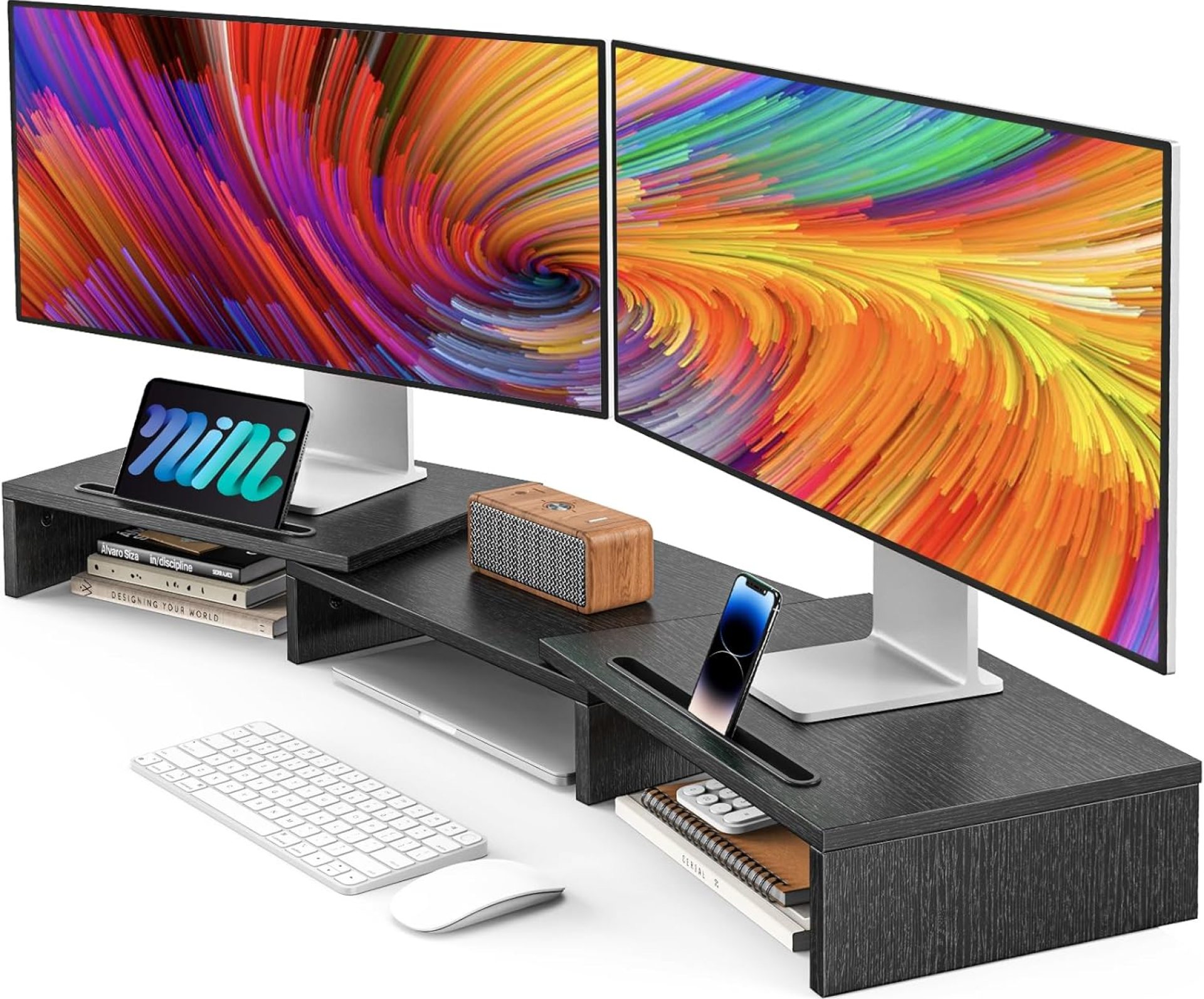 AMERIERGO Dual Monitor Stand Riser for 2 Monitors, Monitor Stand for Desk, Adjustable Computer Monitor Stand with 2 Slot, Multifunctional Desktop Organizer Stand for Laptop, PC, Computer, Printer AMERIERGO Dual Monitor Stand Riser for 2 Monitors, Monitor Stand for Desk, Adjustable Computer Monitor Stand with 2 Slot, Multifunctional Desktop Organizer Stand for Laptop, PC, Computer, Printer