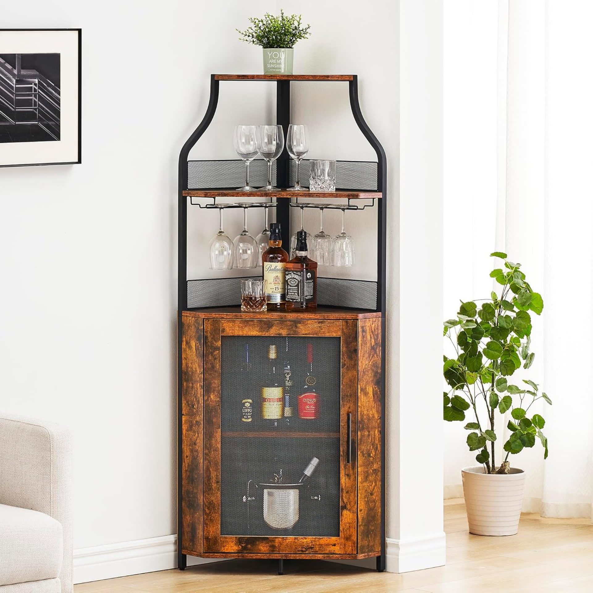 Corner Wine Cabinet with Detachable Wine Rack, 5-Tier Industrial Corner Bar Cabinet with Barn Door and Glass Holder, Farmhouse Buffet Cabinet and Home Bar, Rustic Brown Corner Wine Cabinet with Detachable Wine Rack, 5-Tier Industrial Corner Bar Cabinet with Barn Door and Glass Holder, Farmhouse Buffet Cabinet and Home Bar, Rustic Brown