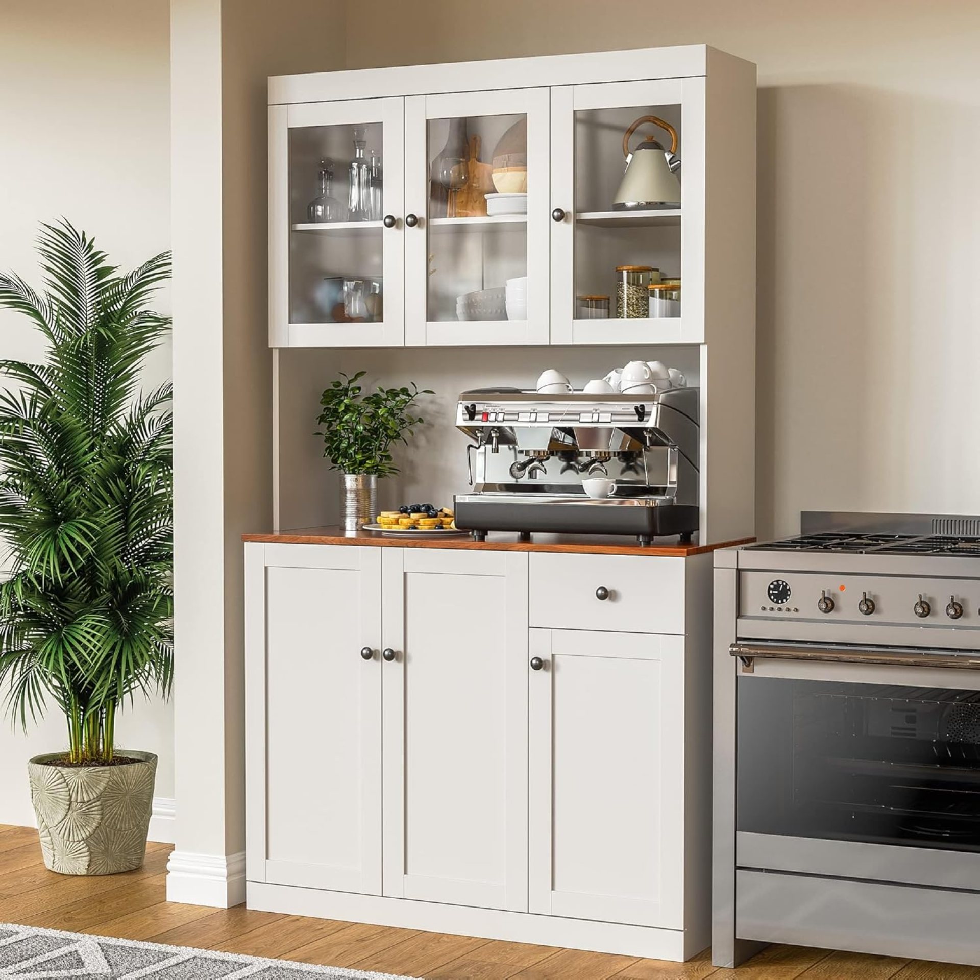 Cozy Castle Tall Kitchen Pantry Cabinet with Microwave Shelf, Modern Large Freestanding Sideboard Cupboard Kitchen Hutch Cabinet with Storage Countertop and Drawer for Dining Room, Living Room, White Cozy Castle Tall Kitchen Pantry Cabinet with Microwave Shelf, Modern Large Freestanding Sideboard Cupboard Kitchen Hutch Cabinet with Storage Countertop and Drawer for Dining Room, Living Room, White