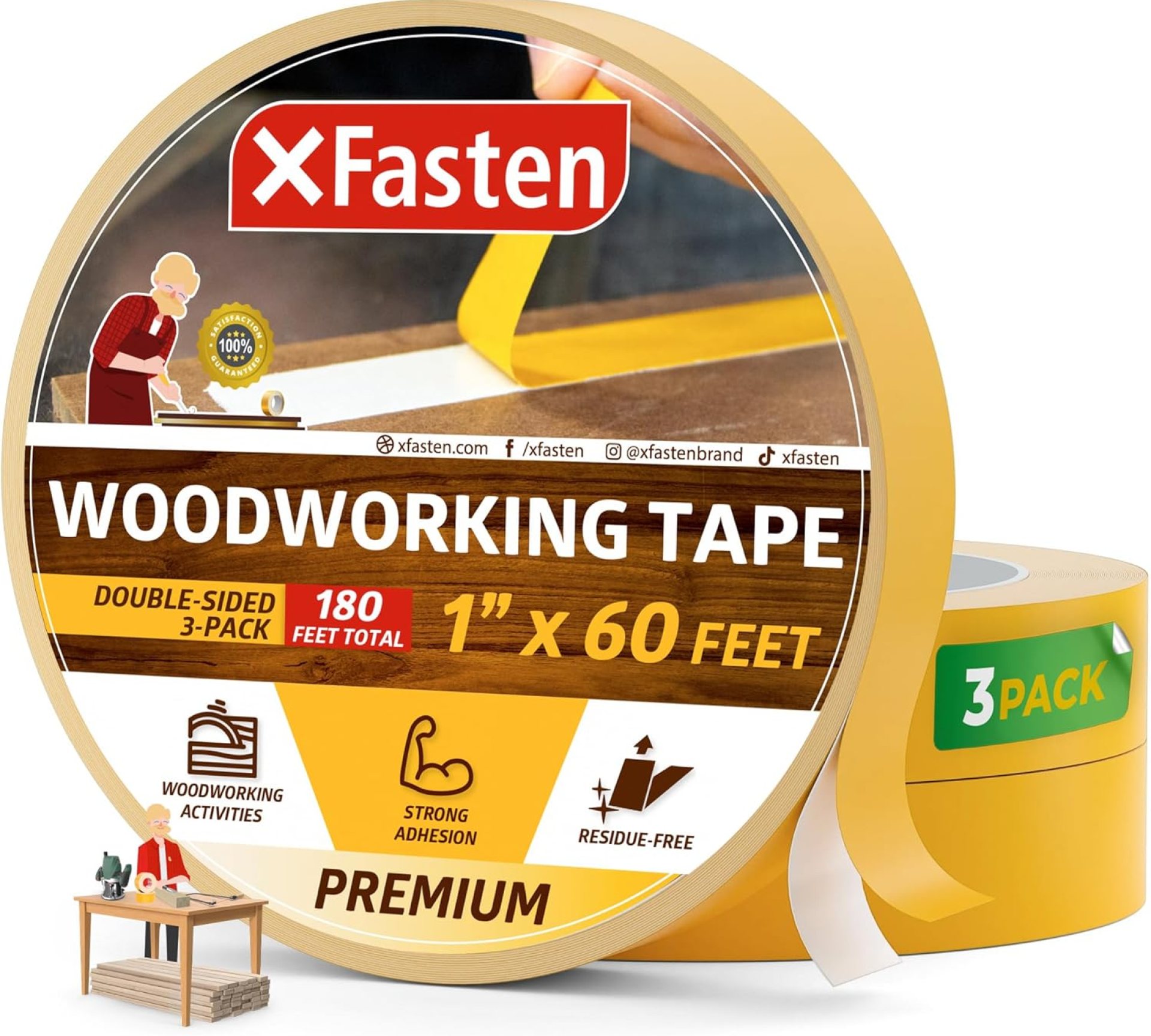 XFasten Double Sided Woodworking Tape 1-inch 180-Feet Total 3-Pack Double Stick Tape for Router Templates for Woodworking Tools; Wood Crafter Double Sided Tape | Double Face Tape Strong Wood Tape XFasten Double Sided Woodworking Tape 1-inch 180-Feet Total 3-Pack Double Stick Tape for Router Templates for Woodworking Tools; Wood Crafter Double Sided Tape | Double Face Tape Strong Wood Tape
