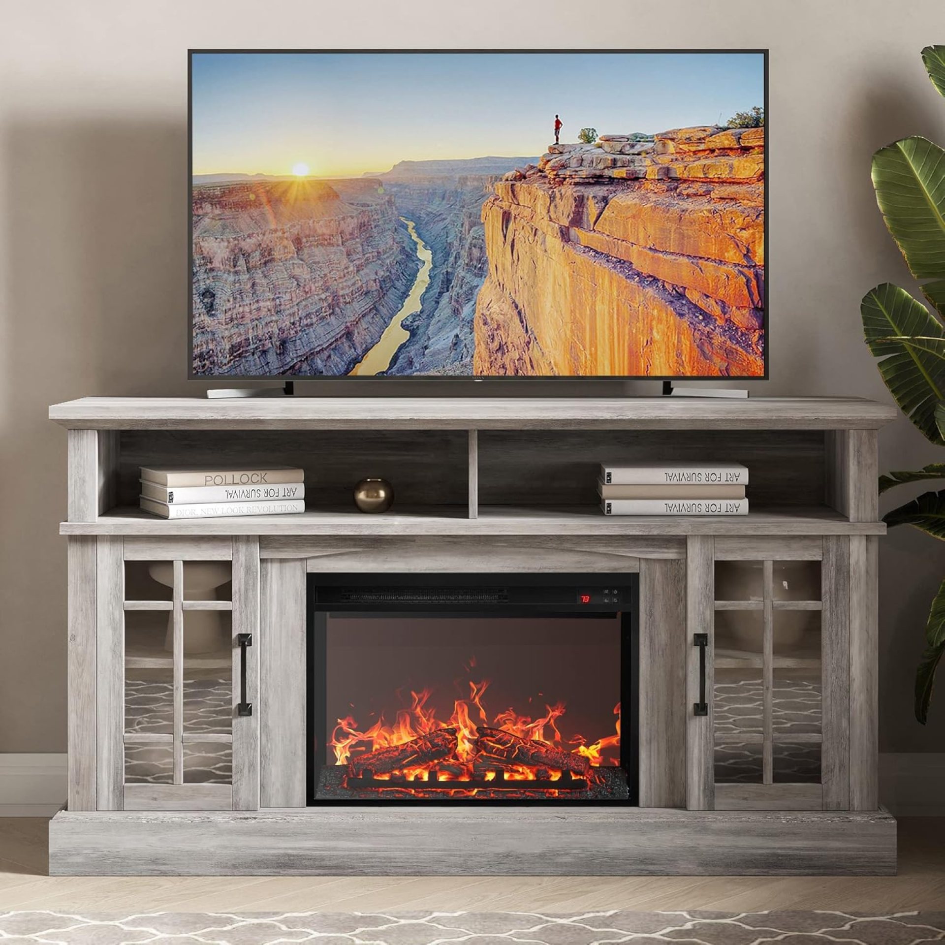 BELLEZE Traditional 58″ Rustic TV Stand with 23″ Electric Fireplace Heater with Sound, Media Entertainment Center Console Table for TV up to 65″ with Open Storage Shelves and Cabinets – Grey Wash BELLEZE Traditional 58″ Rustic TV Stand with 23″ Electric Fireplace Heater with Sound, Media Entertainment Center Console Table for TV up to 65″ with Open Storage Shelves and Cabinets – Grey Wash