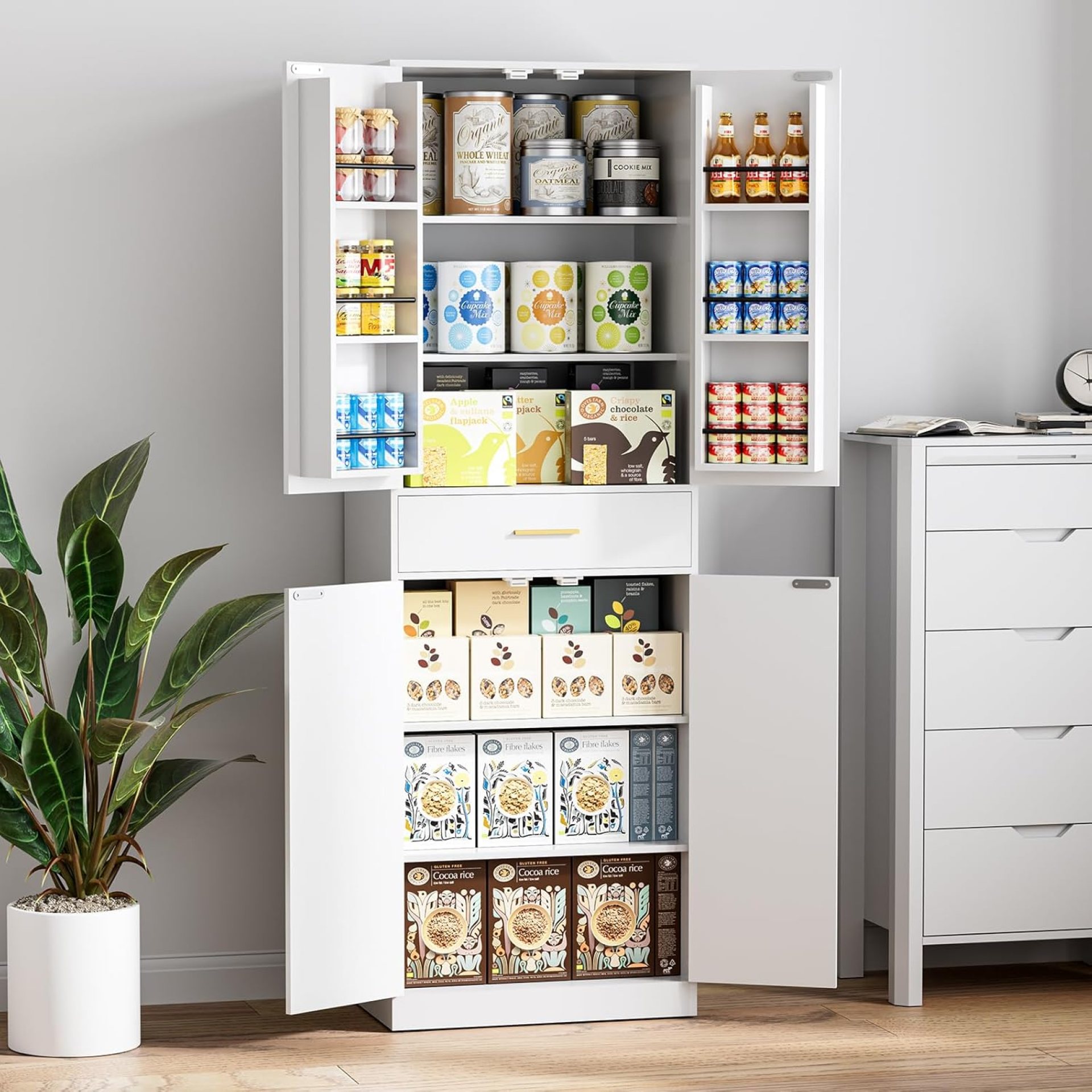 71″ Farmhouse Storage Cabinet with 4 Doors & Drawer, Adjustable Shelves Kitchen Pantry Cupboard, Freestanding Cabinet with Door Shelves for Dining Room/Living Space, White 71″ Farmhouse Storage Cabinet with 4 Doors & Drawer, Adjustable Shelves Kitchen Pantry Cupboard, Freestanding Cabinet with Door Shelves for Dining Room/Living Space, White