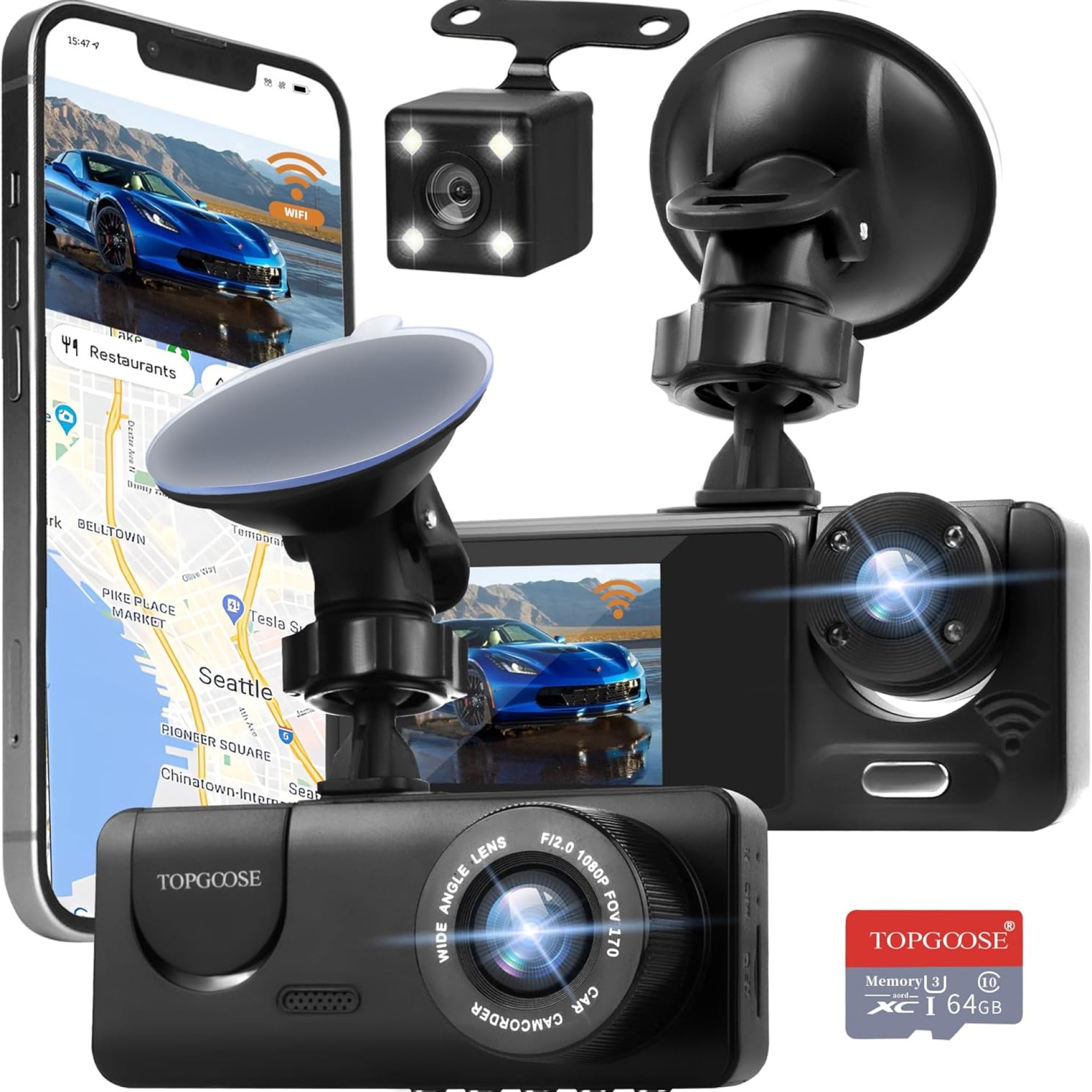 3 Channel Dash Cam WiFi FHD 1080P Car Camera 64GB TF Card,TOPGOOSE Front Dash Camera Front and Rear Inside for Cars,Mini Dashcams with Night Vision,Loop Recording,WDR,G-Sensor, APP 3 Channel Dash Cam WiFi FHD 1080P Car Camera 64GB TF Card,TOPGOOSE Front Dash Camera Front and Rear Inside for Cars,Mini Dashcams with Night Vision,Loop Recording,WDR,G-Sensor, APP