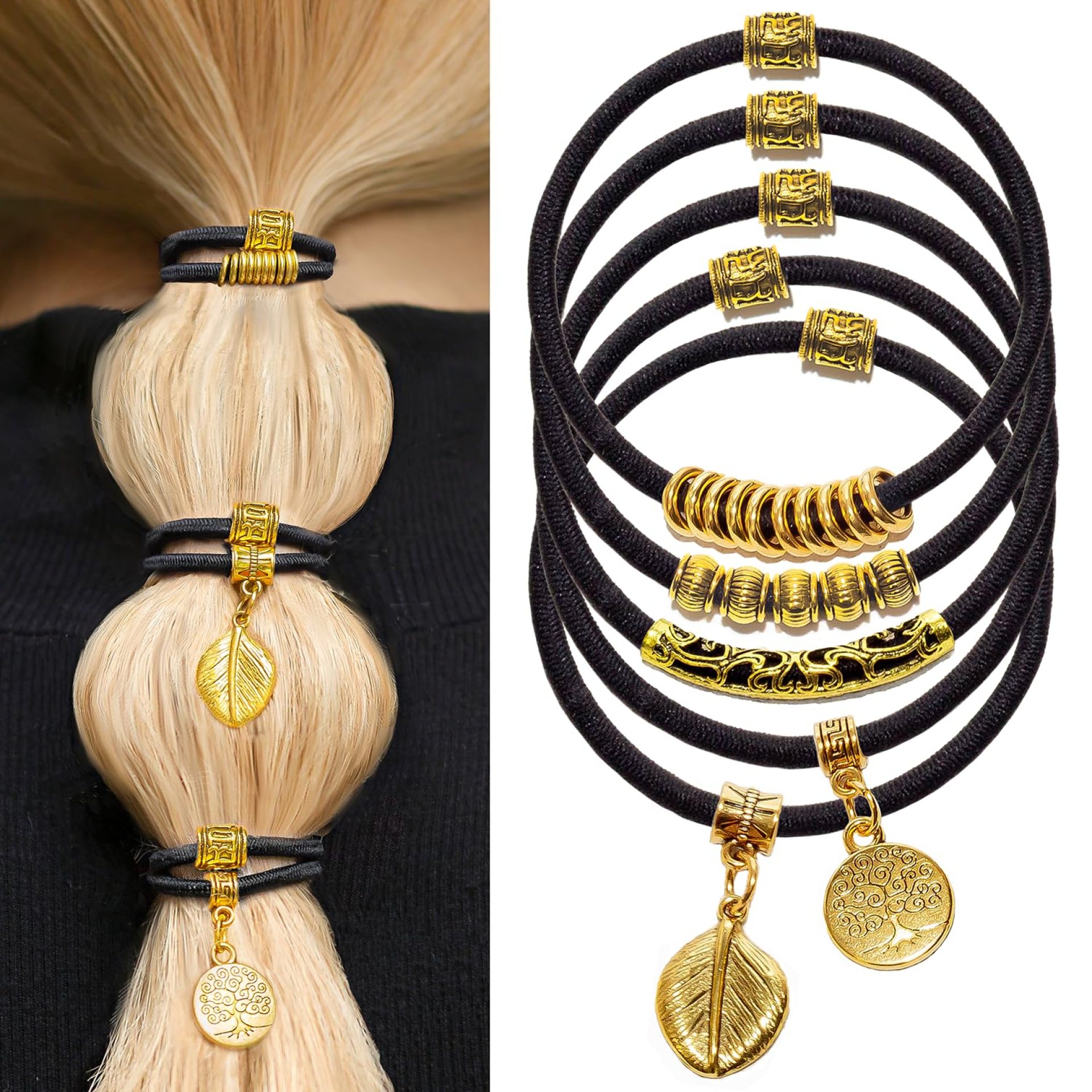 5PCS Gold Bracelet Hair Ties | Fancy Elastic Scrunchies with Metal Beads, No-Damage Ponytail Holders, Cute Decorative Hair Accessories for Women and Girls (Black Gold 01) 5PCS Gold Bracelet Hair Ties | Fancy Elastic Scrunchies with Metal Beads, No-Damage Ponytail Holders, Cute Decorative Hair Accessories for Women and Girls (Black Gold 01)