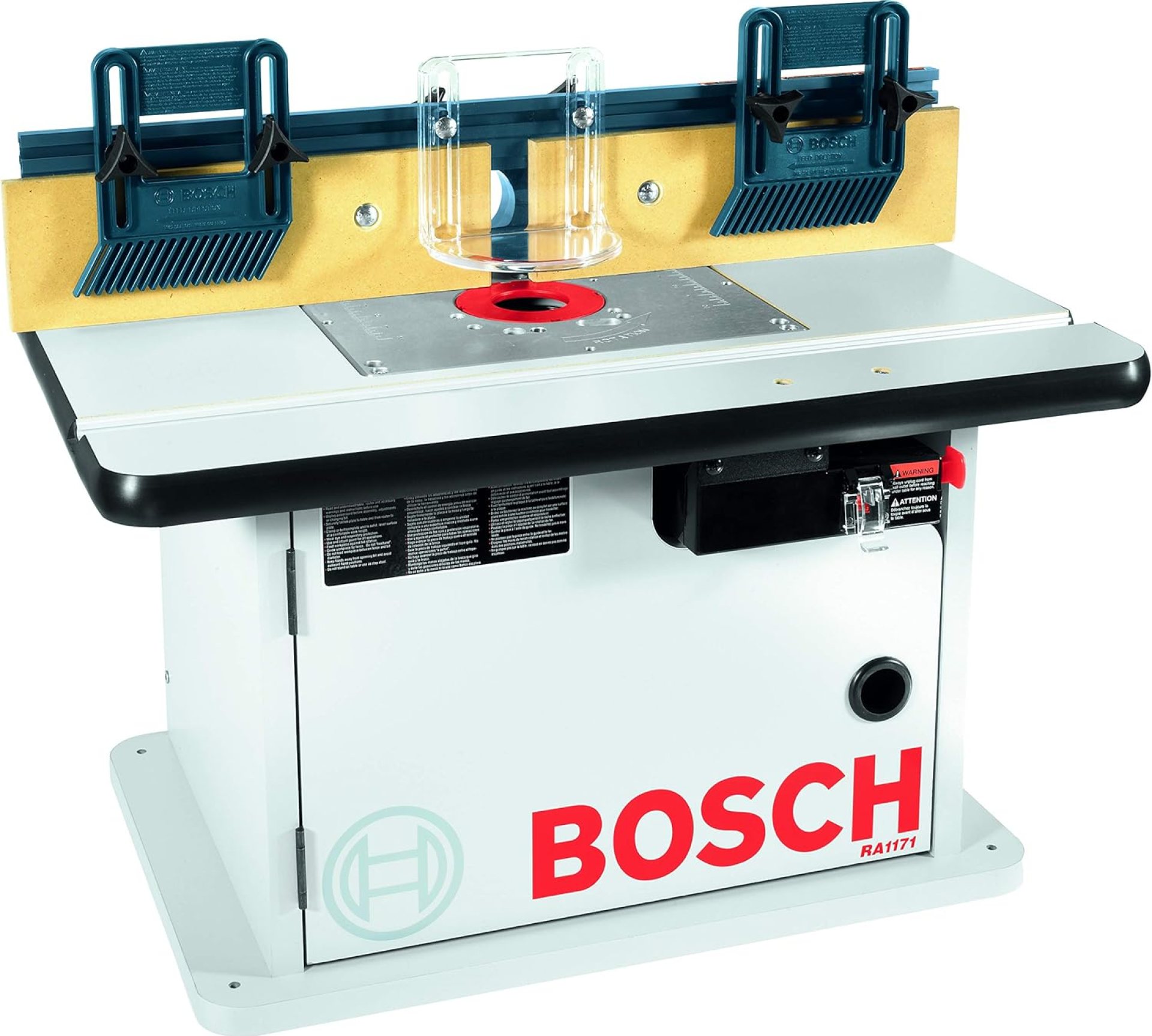 BOSCH RA1171 25-1/2 in. x 15-7/8 in. Benchtop Laminated MDF Top Cabinet Style Router Table with 2 Dust Collection Ports BOSCH RA1171 25-1/2 in. x 15-7/8 in. Benchtop Laminated MDF Top Cabinet Style Router Table with 2 Dust Collection Ports