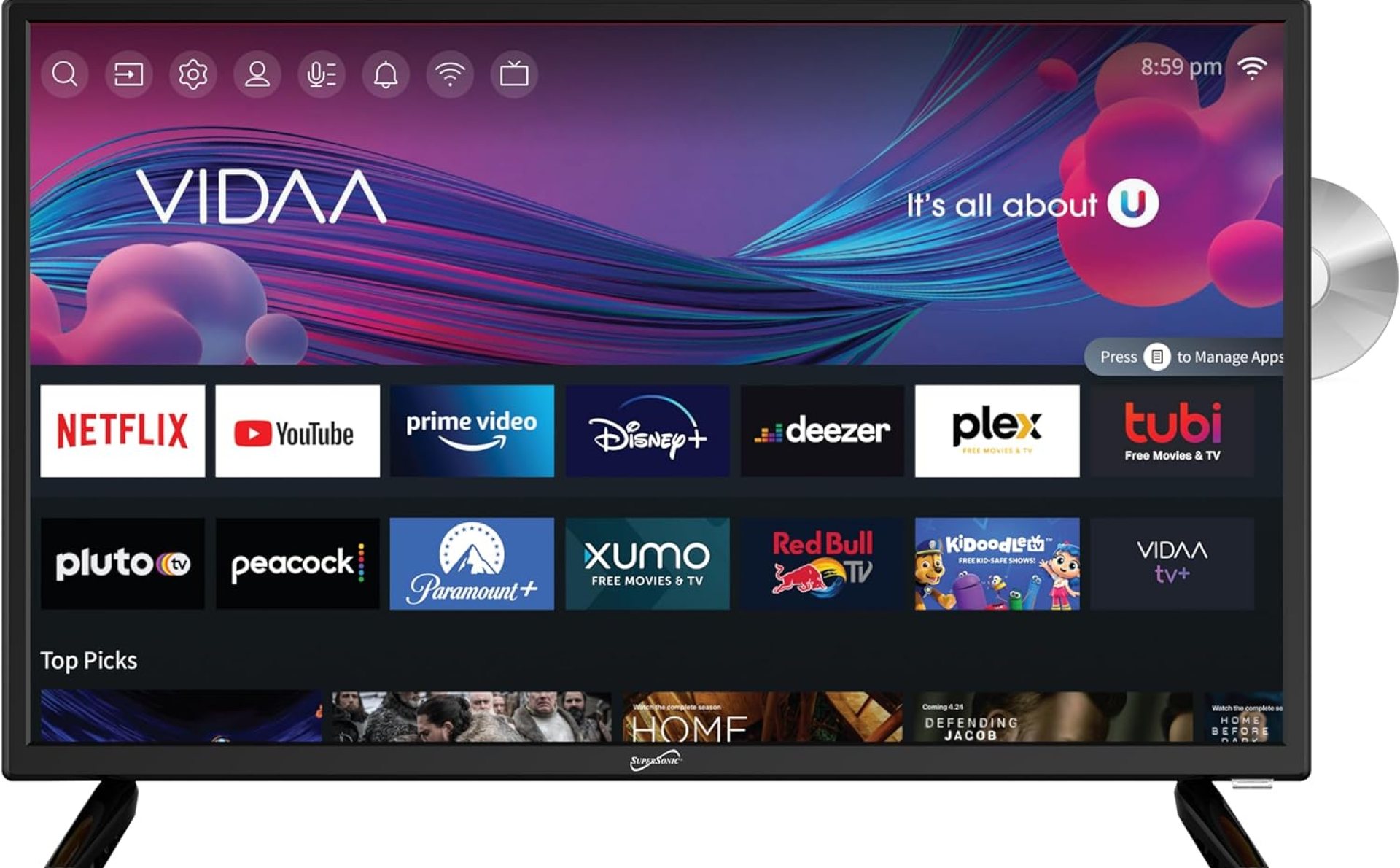 Supersonic SC-2426SDVD 24-inch LED Smart HDTV w/DVD Player, ATSC & NTSC System, 3X HDMI, 1080p, WiFi, USB, Multi Language OSD, AC/DC Compatible for Home, Kitchen, or RV Camper, DC Car Cord Included Supersonic SC-2426SDVD 24-inch LED Smart HDTV w/DVD Player, ATSC & NTSC System, 3X HDMI, 1080p, WiFi, USB, Multi Language OSD, AC/DC Compatible for Home, Kitchen, or RV Camper, DC Car Cord Included