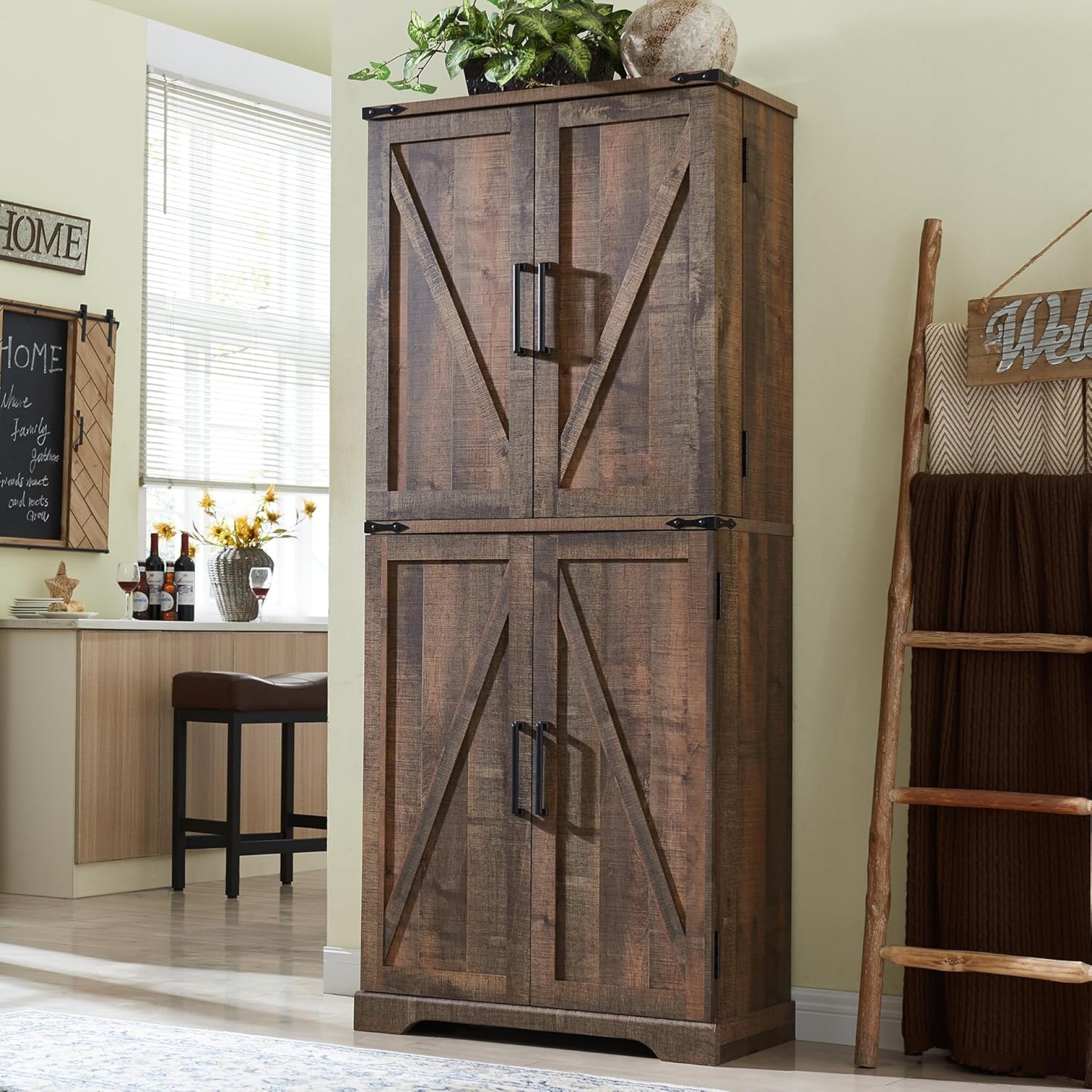 72″ Tall Kitchen Pantry, Farmhouse Storage Cabinet with Barn Doors, Organizer, Drawer and Adjustable Shelves, Rustic Wood Cupboard for Kitchen, Dining Room, Bathroom, Rustic Brown 72″ Tall Kitchen Pantry, Farmhouse Storage Cabinet with Barn Doors, Organizer, Drawer and Adjustable Shelves, Rustic Wood Cupboard for Kitchen, Dining Room, Bathroom, Rustic Brown