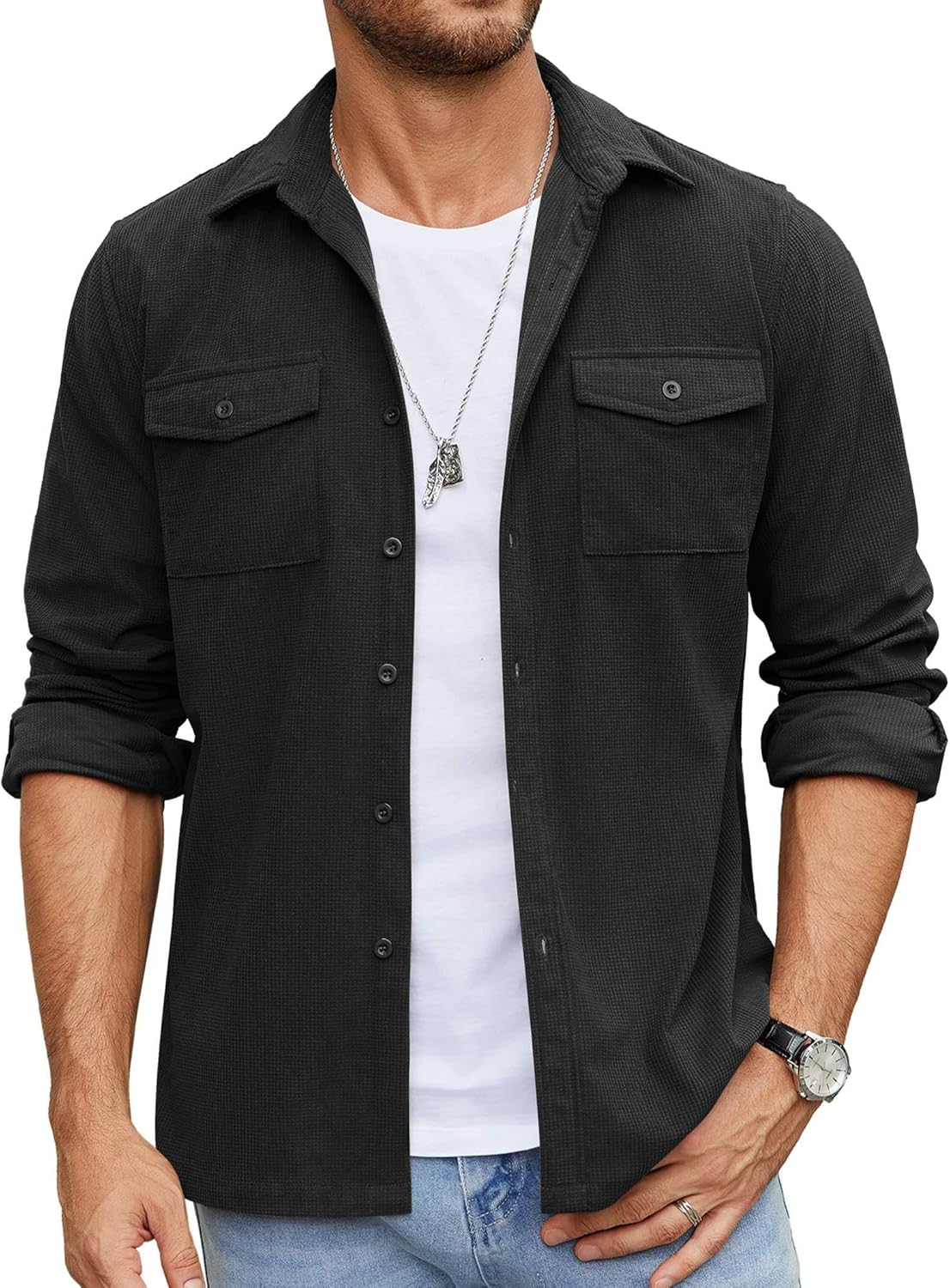 COOFANDY Men’s Button Down Waffle Shirt Jacket Casual Long Sleeve Shacket Lightweight Overshirts with Flap Pockets COOFANDY Men’s Button Down Waffle Shirt Jacket Casual Long Sleeve Shacket Lightweight Overshirts with Flap Pockets