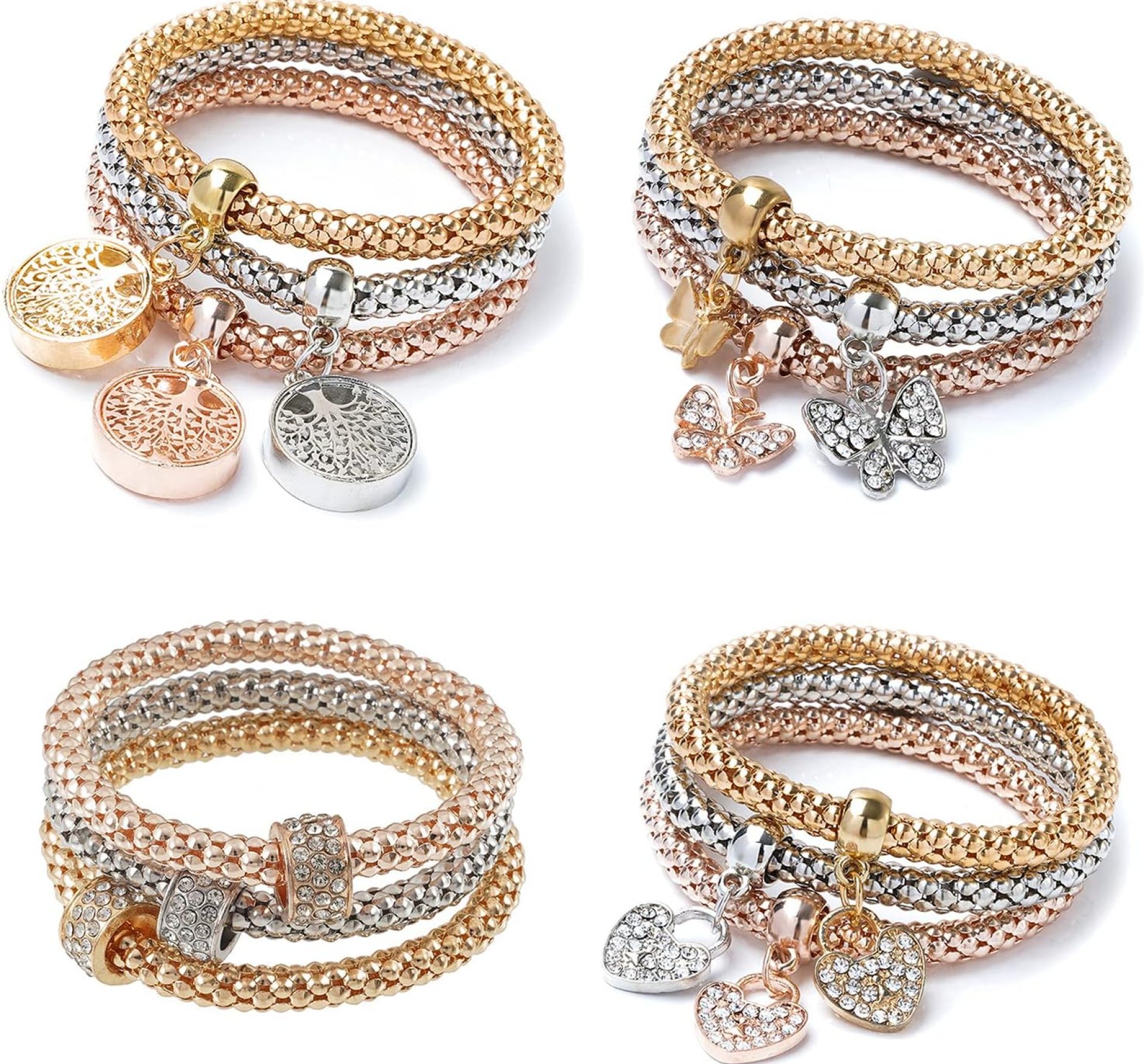 12PCS Gold/Silver/Rose Gold Corn Chain Bracelet Crystal Multilayer Butterfly Heart circle Life tree locket Charming Stretch Bracelet for Women SZ06 12PCS Gold/Silver/Rose Gold Corn Chain Bracelet Crystal Multilayer Butterfly Heart circle Life tree locket Charming Stretch Bracelet for Women SZ06