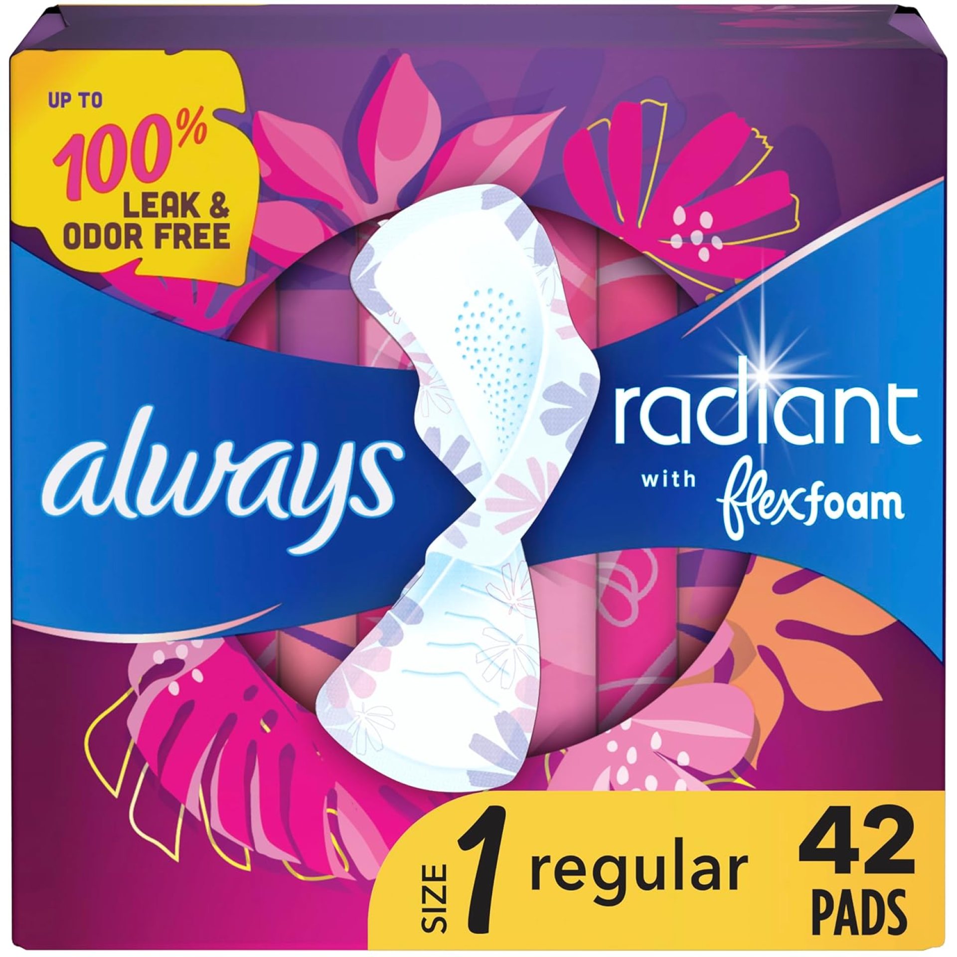 Always Radiant Feminine Pads for Women, Size 1 Regular, with Wings, Scented, 42 CT Always Radiant Feminine Pads for Women, Size 1 Regular, with Wings, Scented, 42 CT