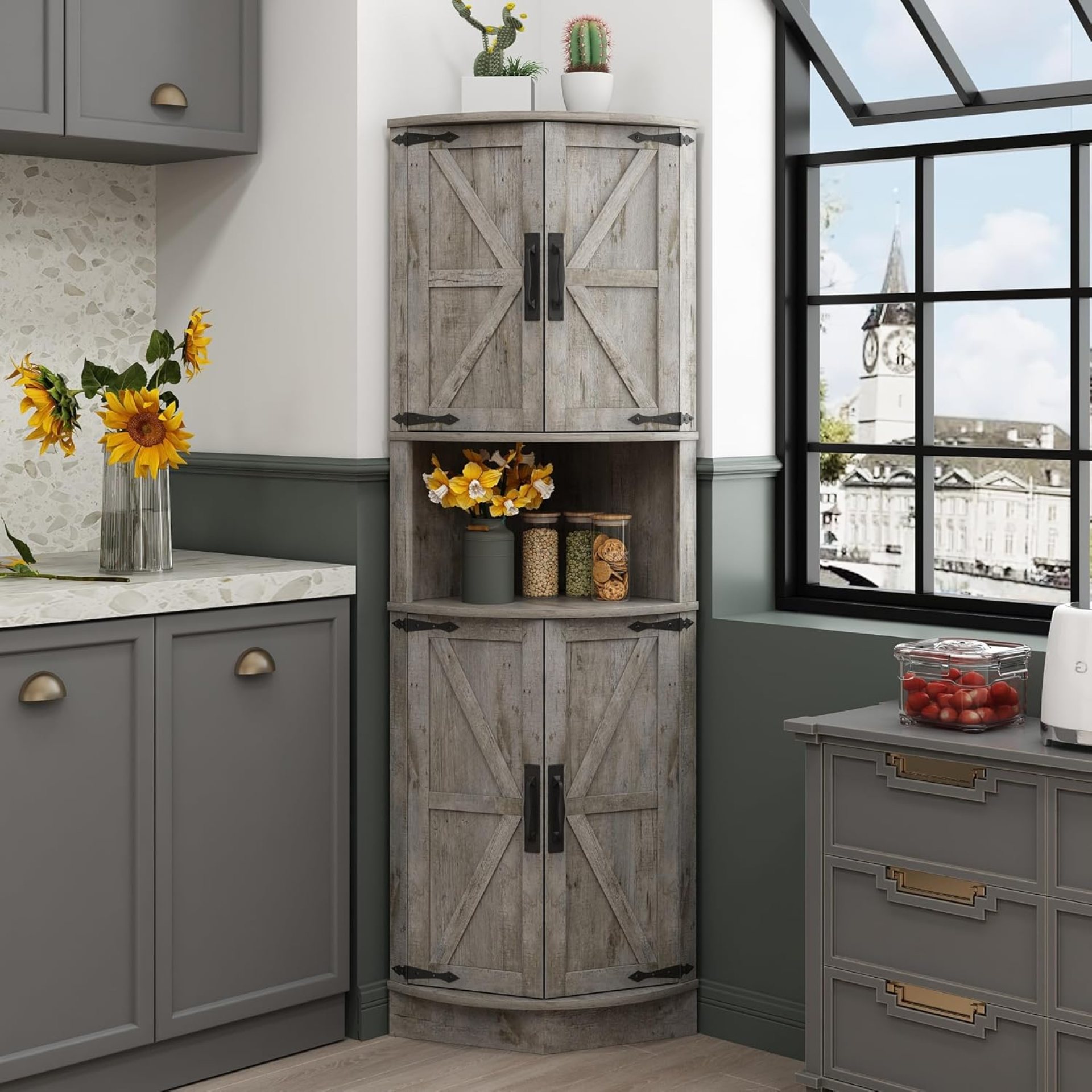 Vabches 64.8″ Tall Farmhouse Corner Cabinet with 4 Doors and 5 Storage Shelves, Farmhouse Storage Cabinet with Barn Door Design, Home Space Saver for Living Room, Kitchen, Laundry Room,Grey Vabches 64.8″ Tall Farmhouse Corner Cabinet with 4 Doors and 5 Storage Shelves, Farmhouse Storage Cabinet with Barn Door Design, Home Space Saver for Living Room, Kitchen, Laundry Room,Grey