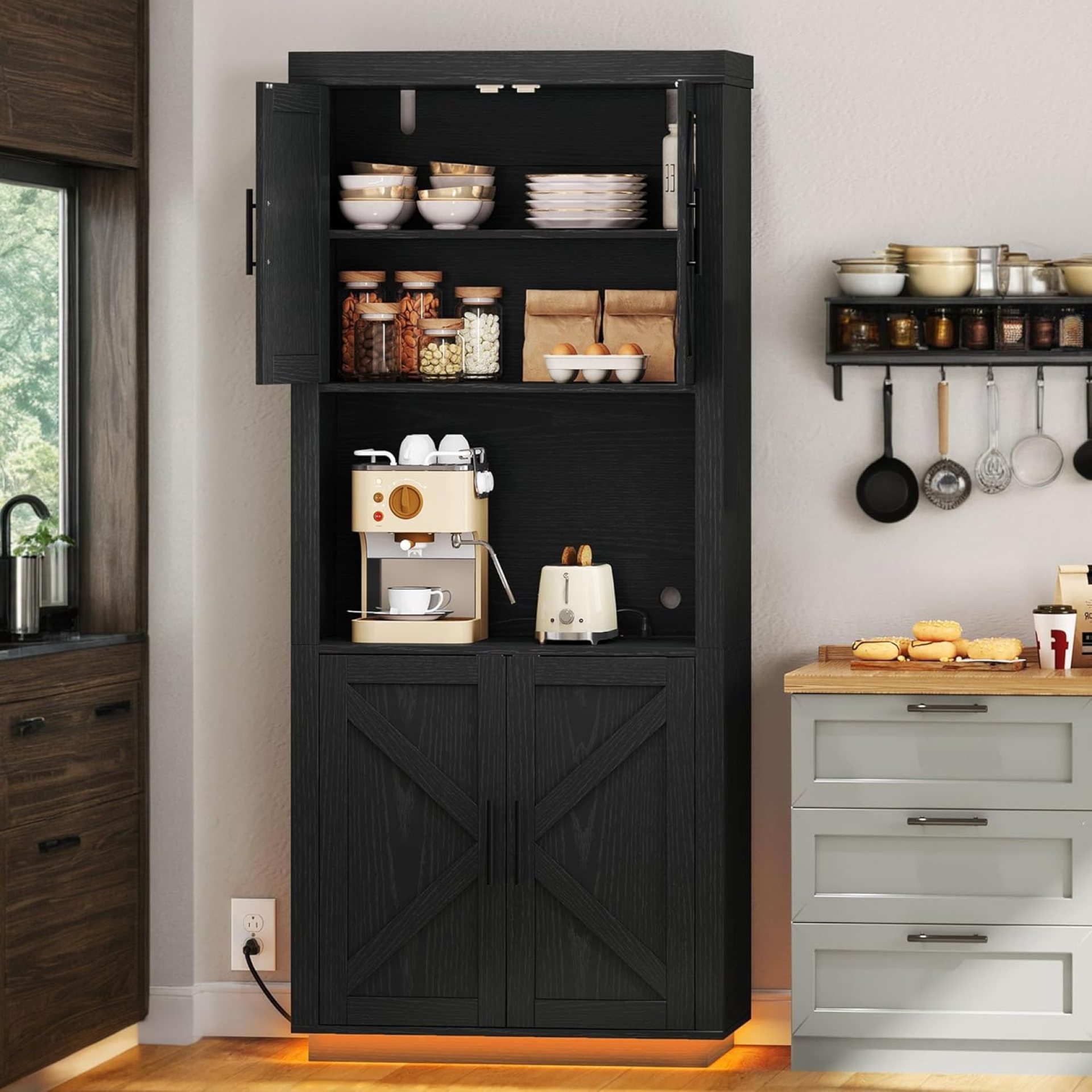 YITAHOME 71″ Kitchen Pantry Storage Cabinet with Microwave Stand, Tall Farmhouse Kitchen Hutch with LED & Power Outlet, Freestanding Cupboard with Door and Shelves for Dining Room, Black YITAHOME 71″ Kitchen Pantry Storage Cabinet with Microwave Stand, Tall Farmhouse Kitchen Hutch with LED & Power Outlet, Freestanding Cupboard with Door and Shelves for Dining Room, Black