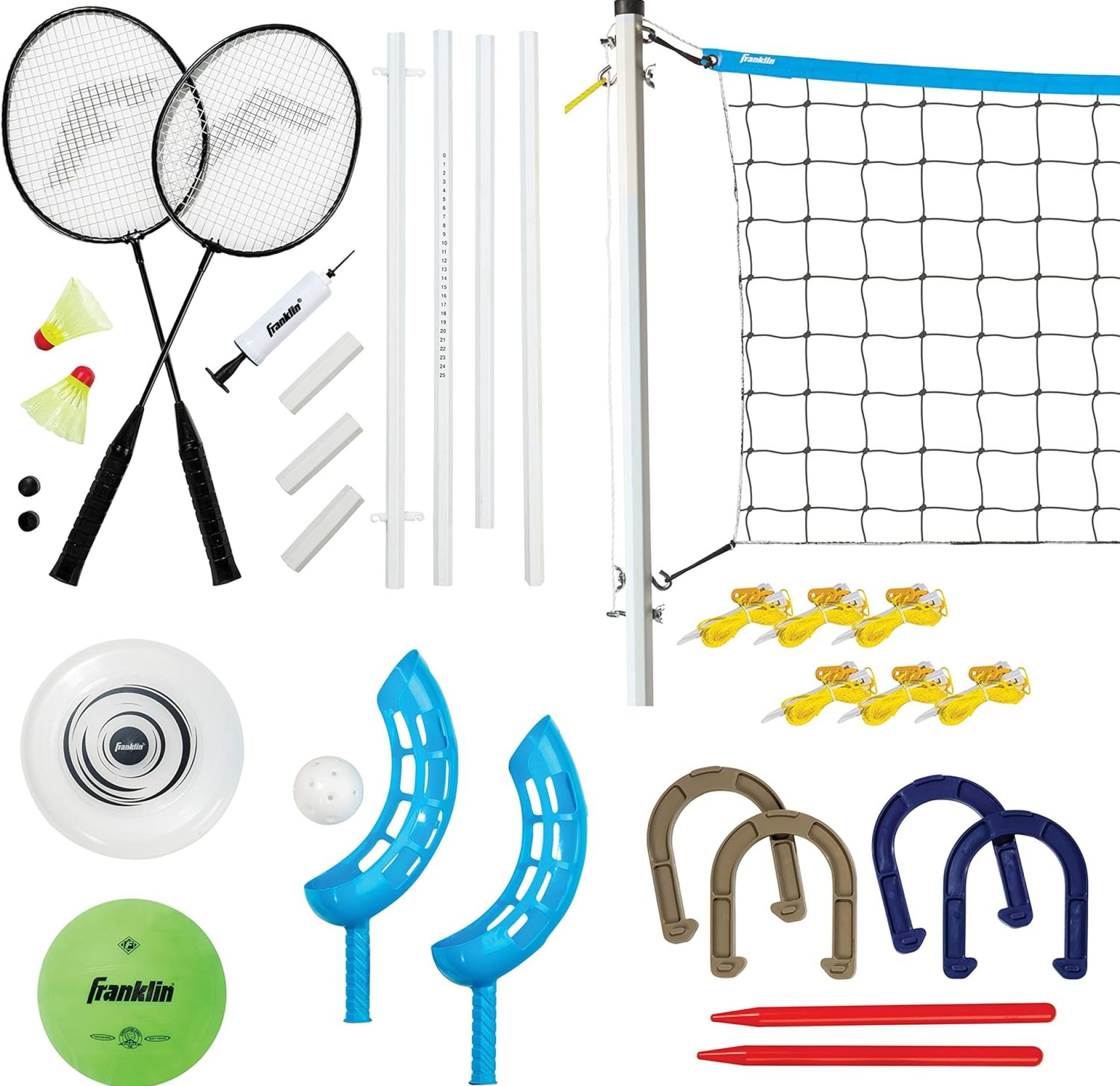 Franklin Sports Fun 5 Combo Outdoor Game Set – Backyard, Beach + Camping Games for Kids – Badminton, Volleyball, Flip Toss, Flying Disc – Horseshoes or Ring Toss Franklin Sports Fun 5 Combo Outdoor Game Set – Backyard, Beach + Camping Games for Kids – Badminton, Volleyball, Flip Toss, Flying Disc – Horseshoes or Ring Toss
